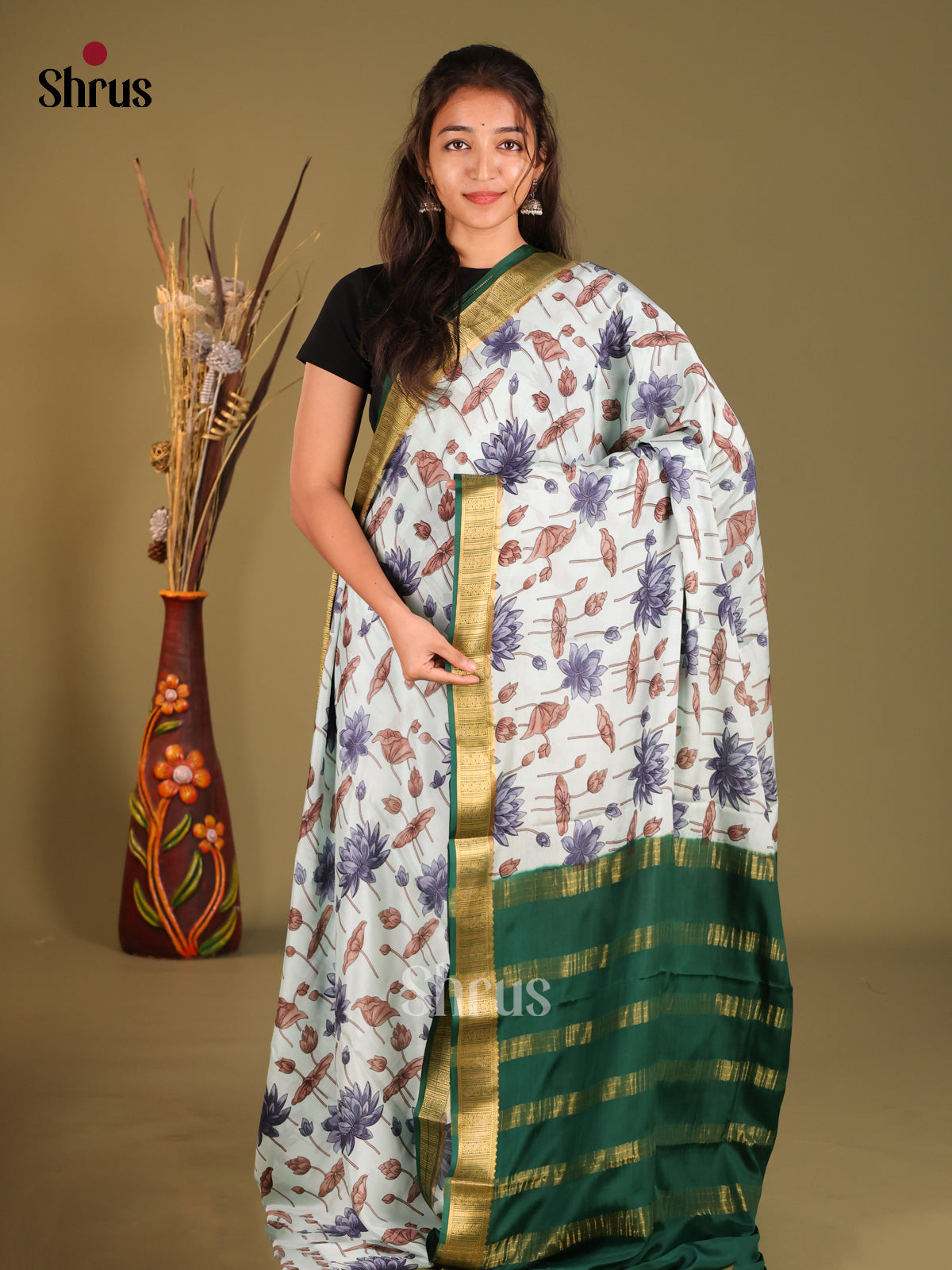 Light Blue & Green - Mysore Silk Print Saree - Shop on Shrus.com