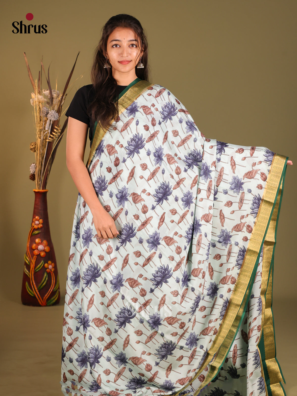 Light Blue & Green - Mysore Silk Print Saree - Shop on Shrus.com