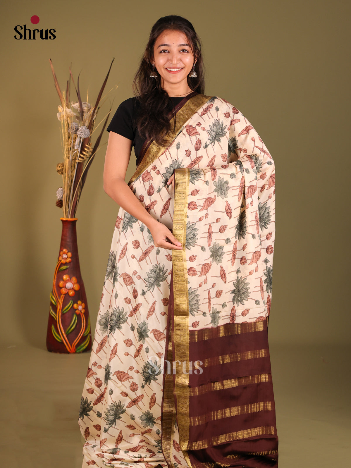 Regal Cream Printed Mysore Silk Saree With Brown Zari Border