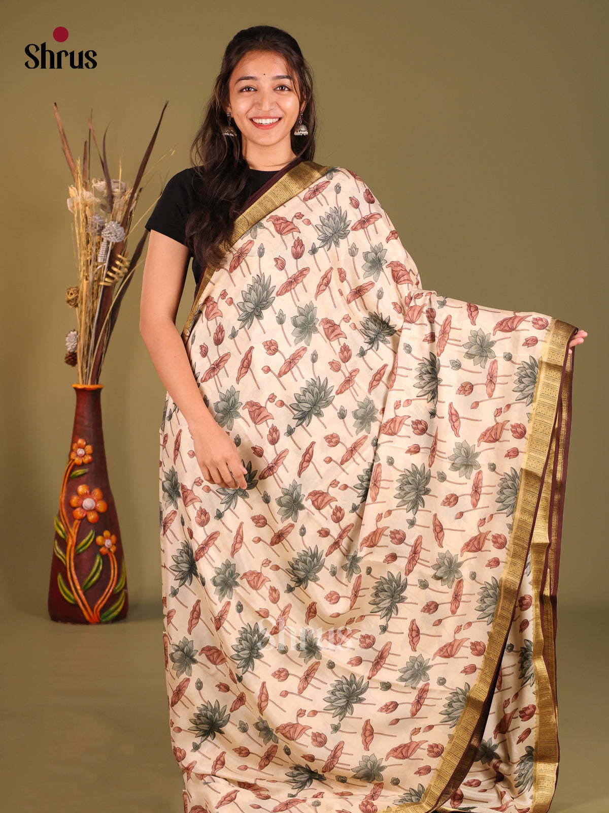 Regal Cream Printed Mysore Silk Saree With Brown Zari Border