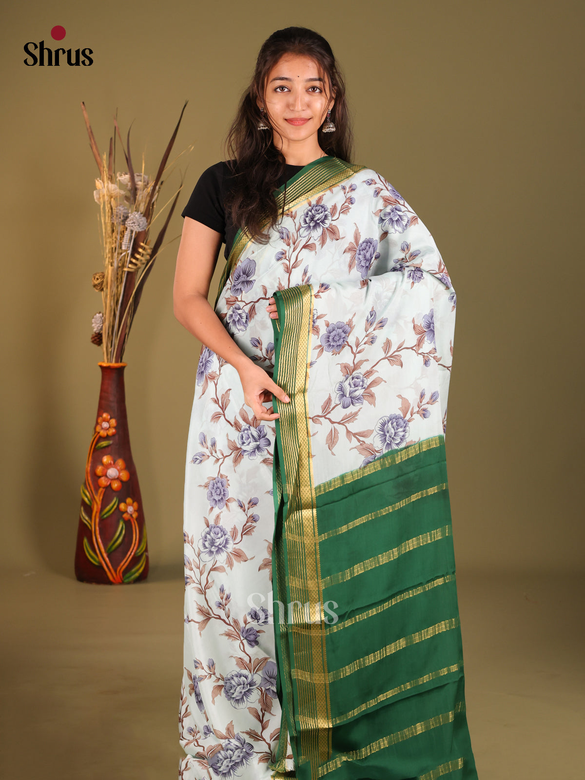 Charming Light Grey Floral Printed Mysore Silk Saree With Green Zari Pallu