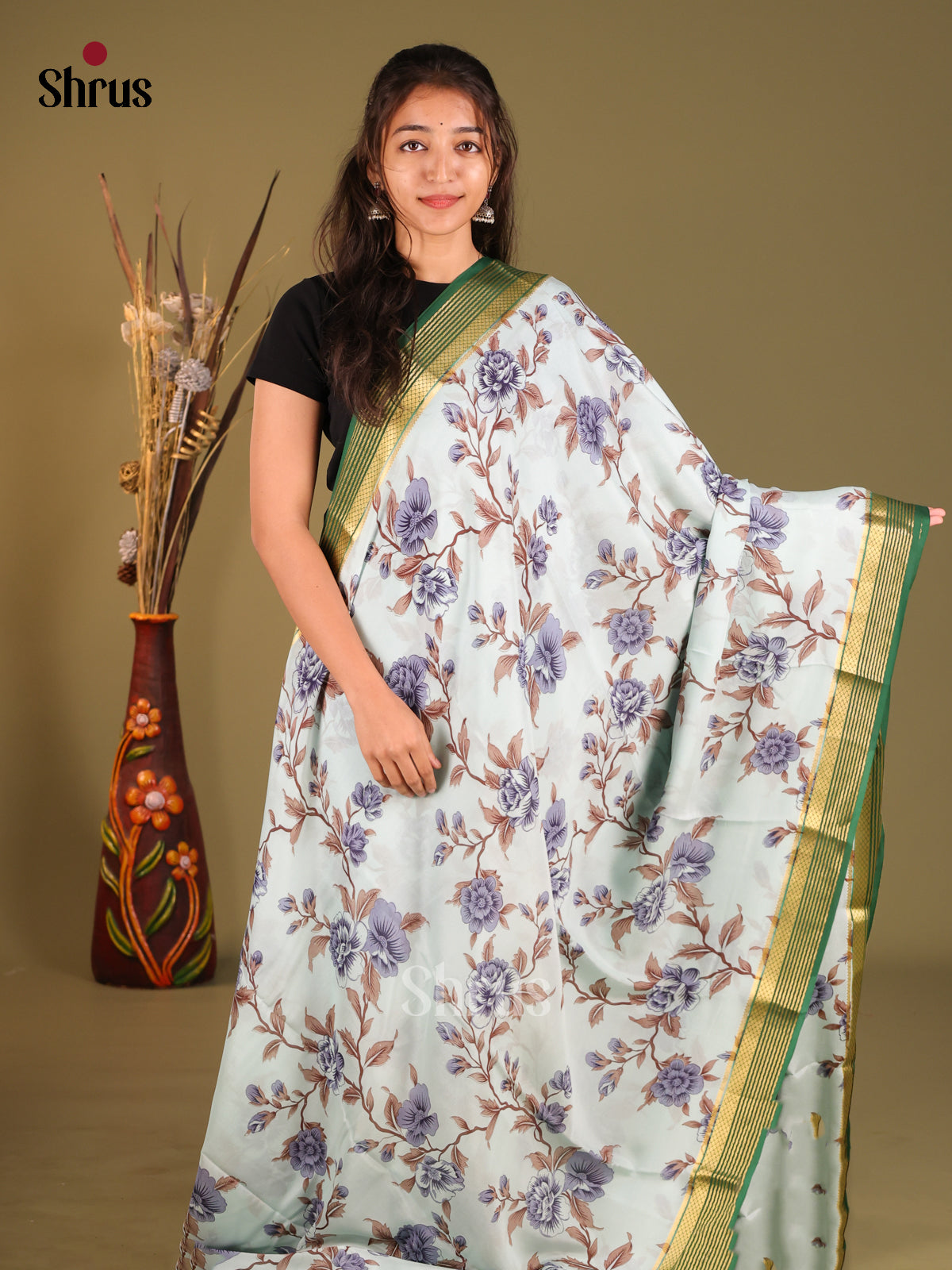 Charming Light Grey Floral Printed Mysore Silk Saree With Green Zari Pallu