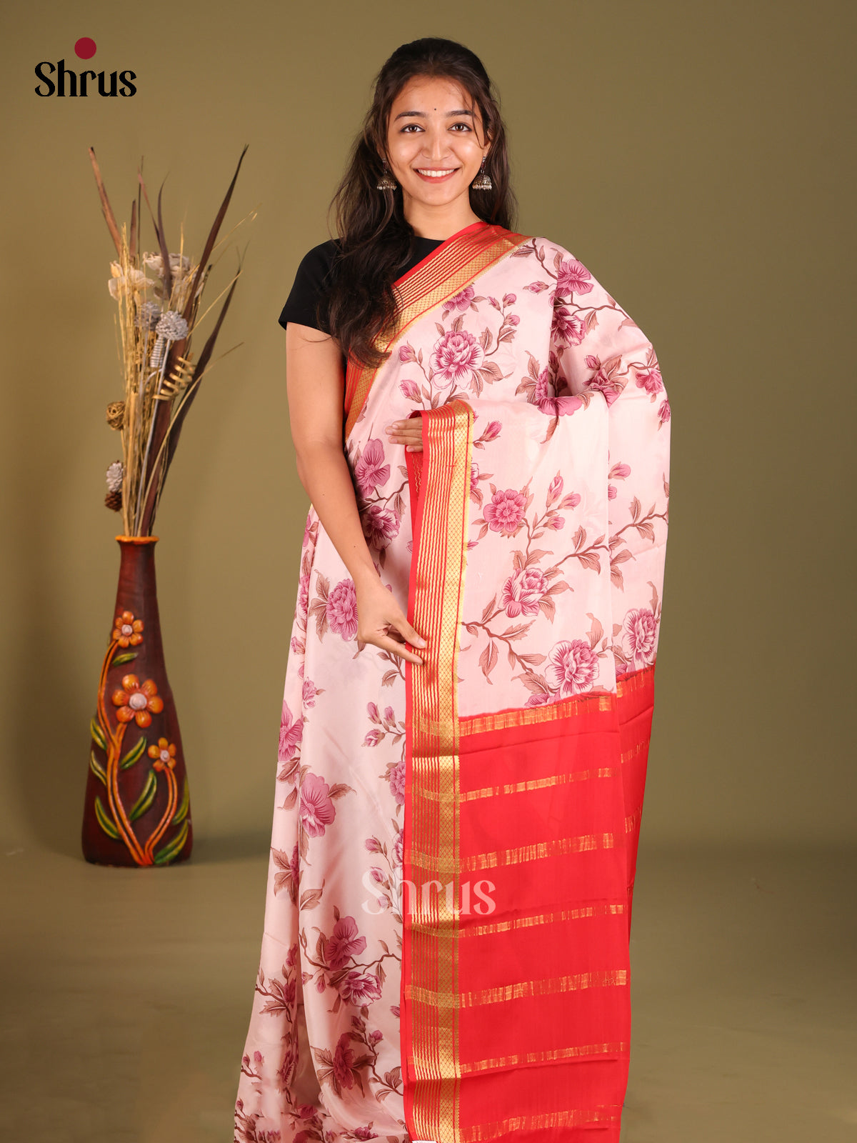 Timeless Light Pink Floral Print Mysore Silk Saree With Red Traditional Pallu