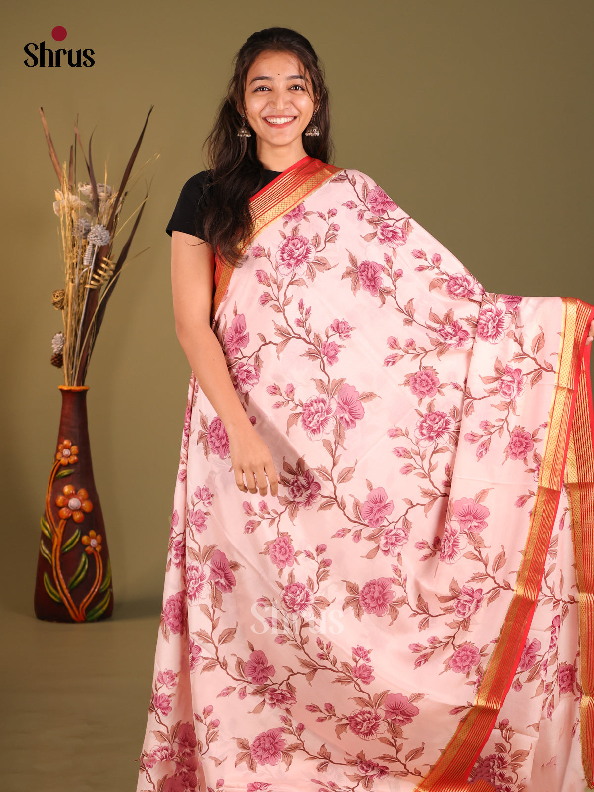 Timeless Light Pink Floral Print Mysore Silk Saree With Red Traditional Pallu