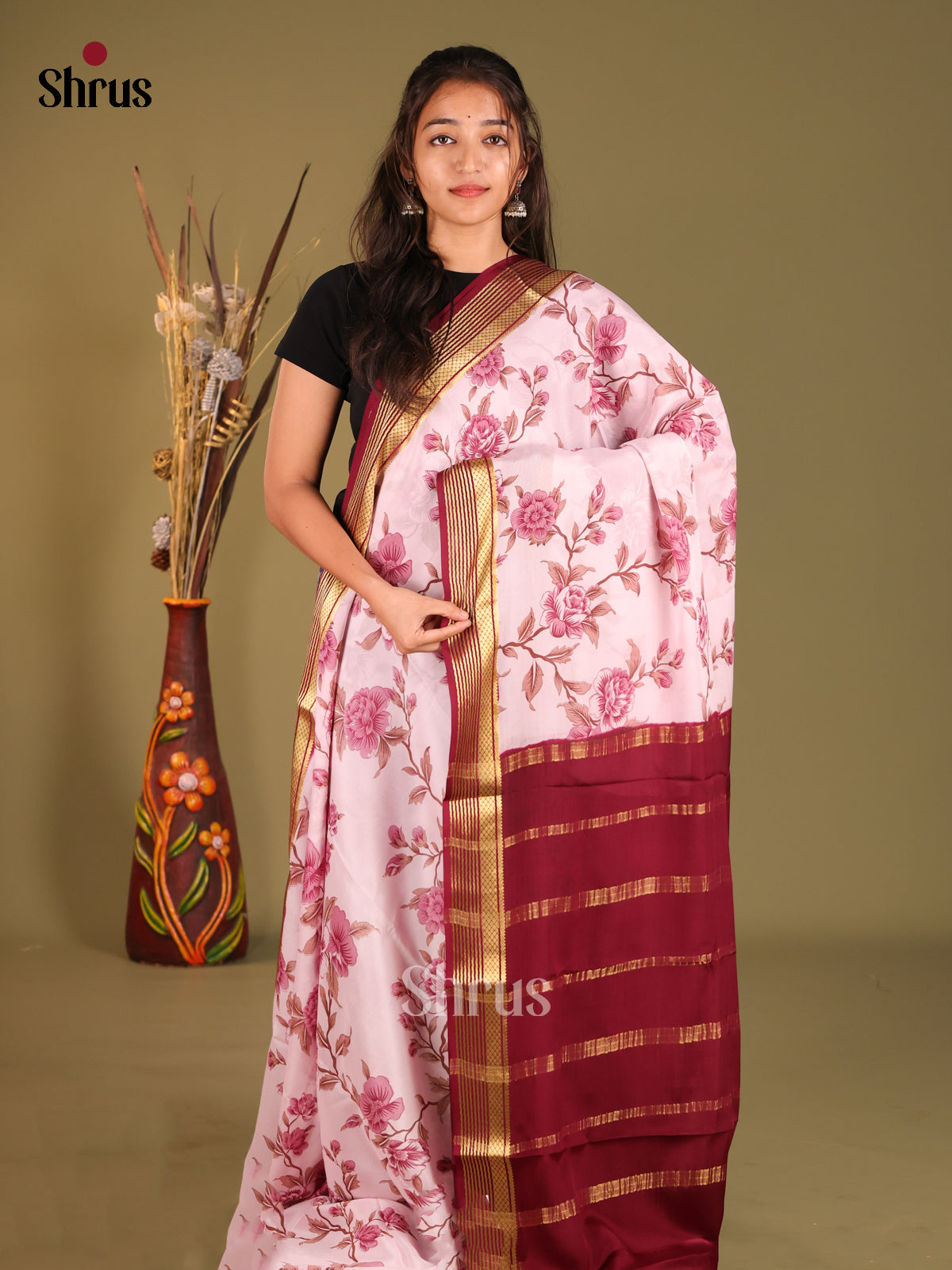 Light Pink Floral Printed Mysore Silk Saree With Maroon Traditional Pallu