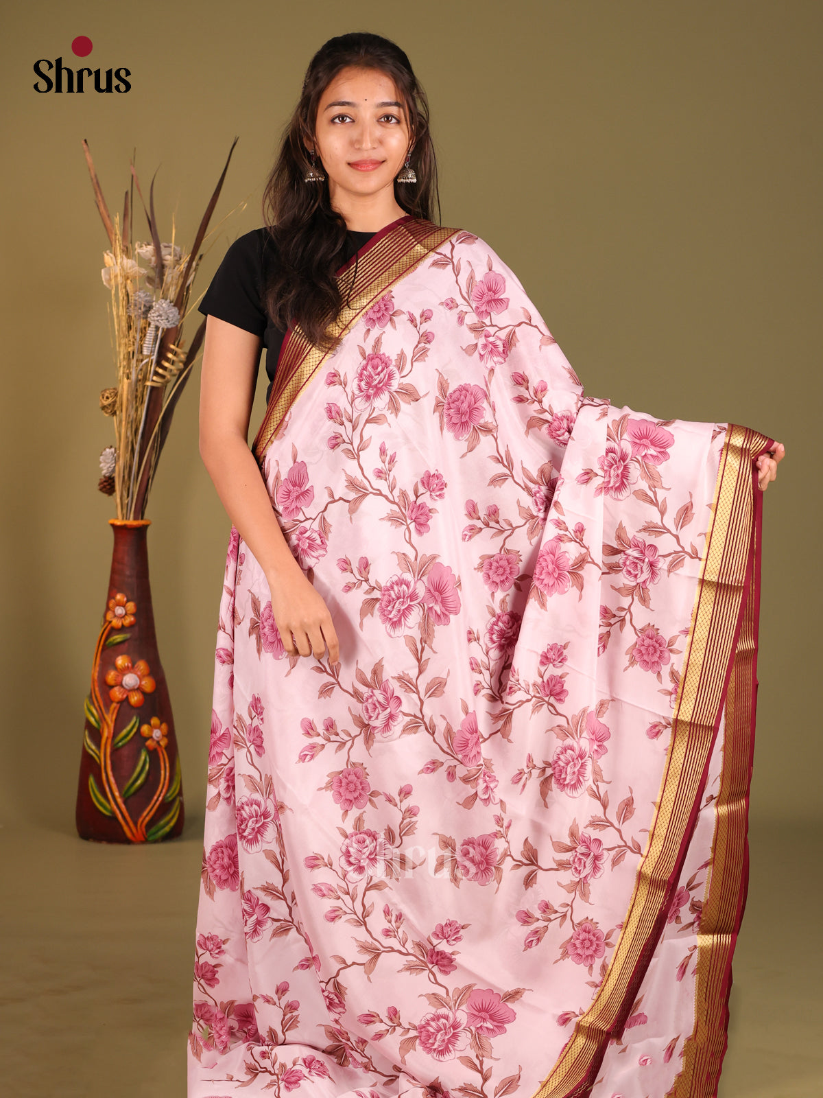 Light Pink Floral Printed Mysore Silk Saree With Maroon Traditional Pallu