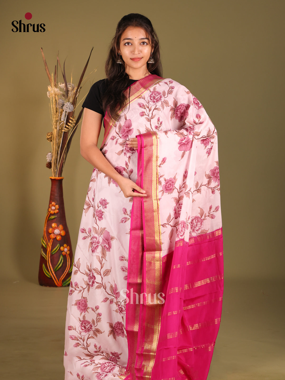 Cream & Pink- Mysore Silk Print Saree