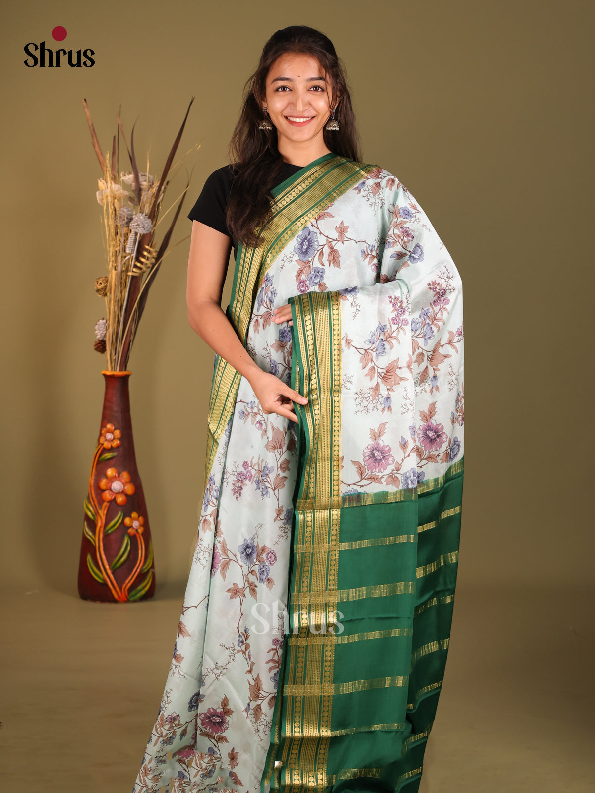 Striking Pastel Blue Printed Mysore Silk Saree With Green Zari Woven Pallu