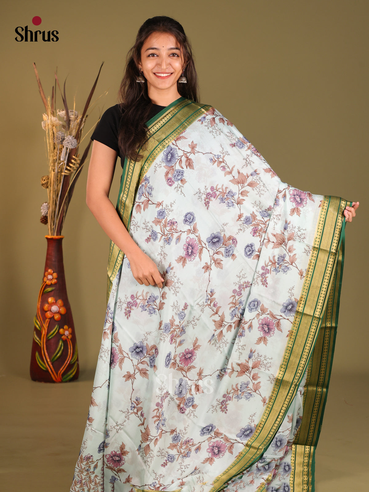 Striking Pastel Blue Printed Mysore Silk Saree With Green Zari Woven Pallu