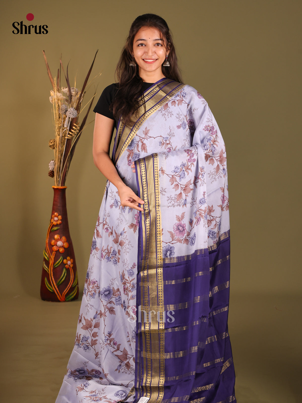 Enchanting Lavender Printed Mysore Silk Saree With Blue Border