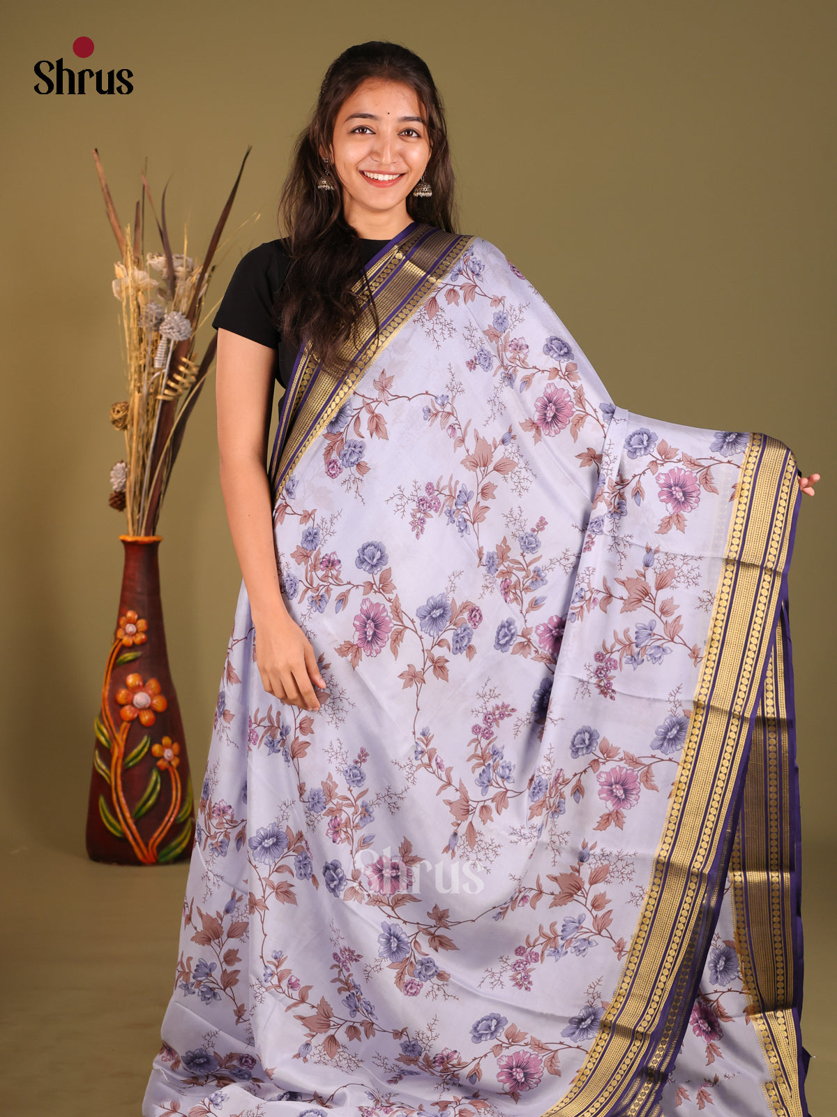 Enchanting Lavender Printed Mysore Silk Saree With Blue Border