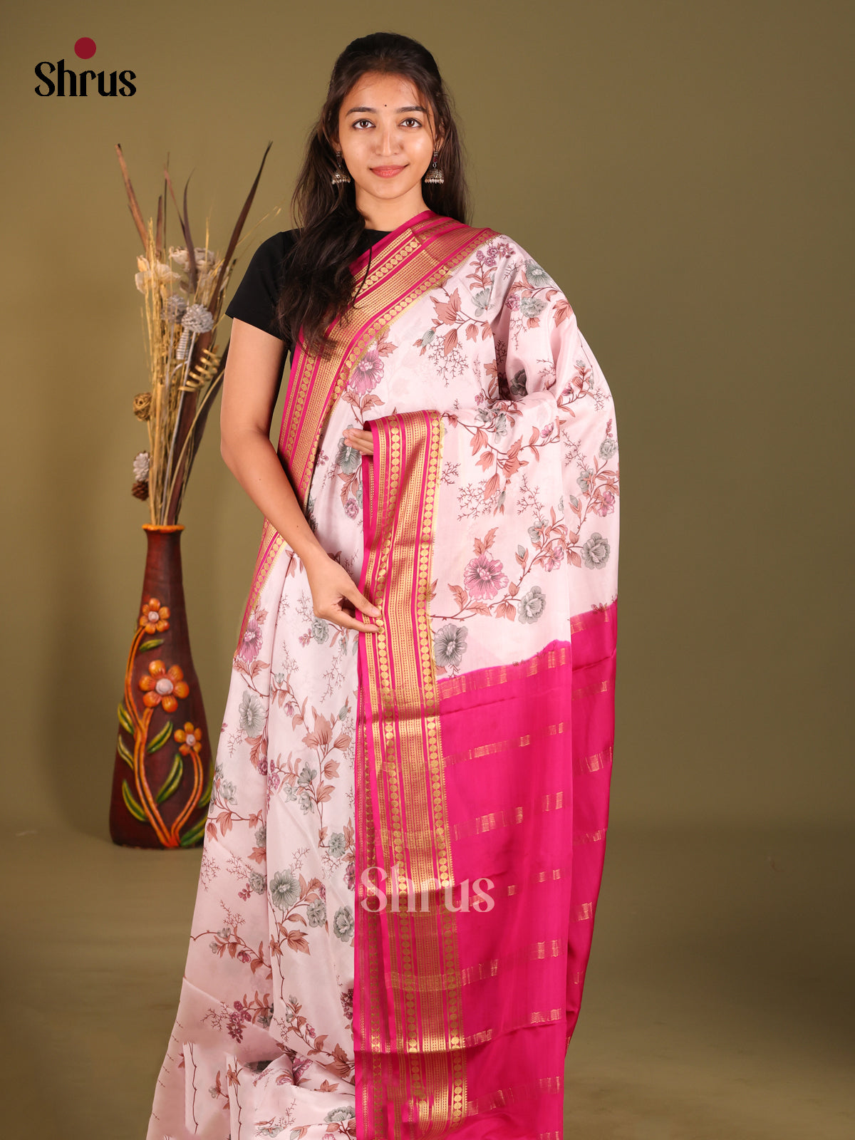 Pink - Mysore Silk Print Saree - Shop on Shrus.com