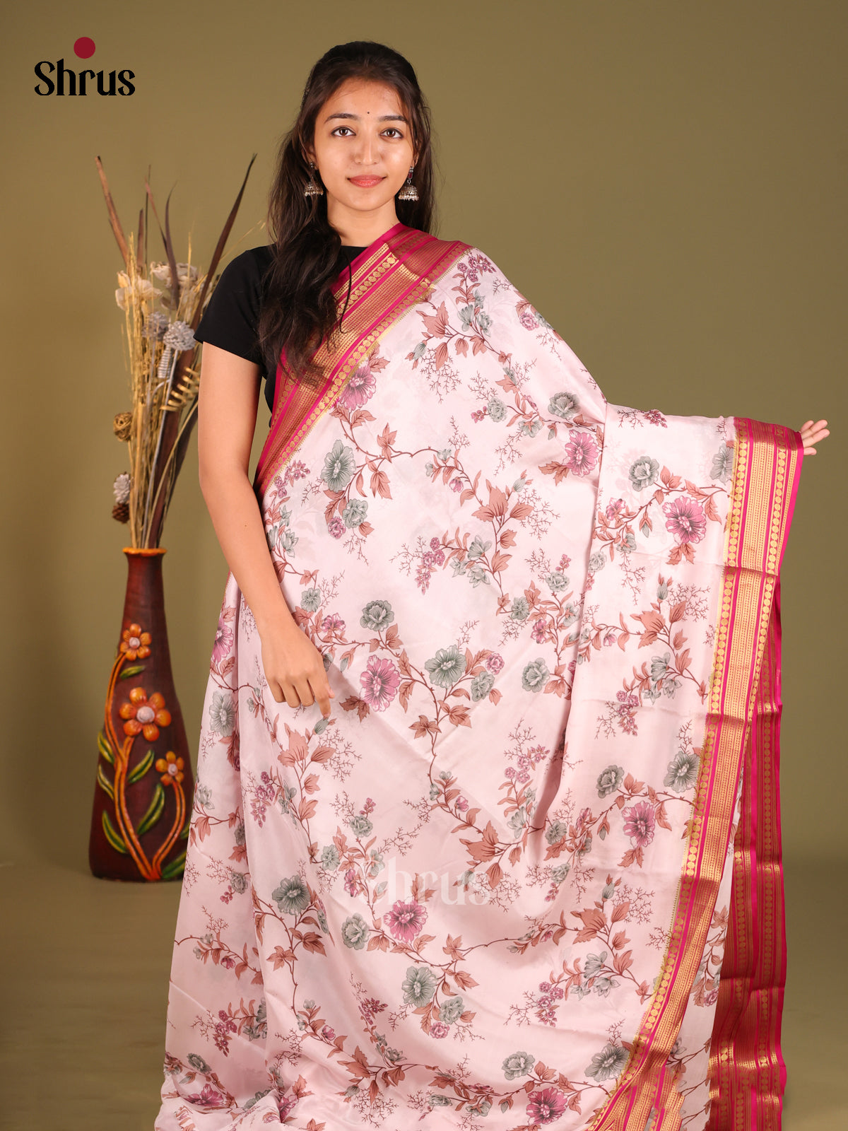 Pink - Mysore Silk Print Saree - Shop on Shrus.com