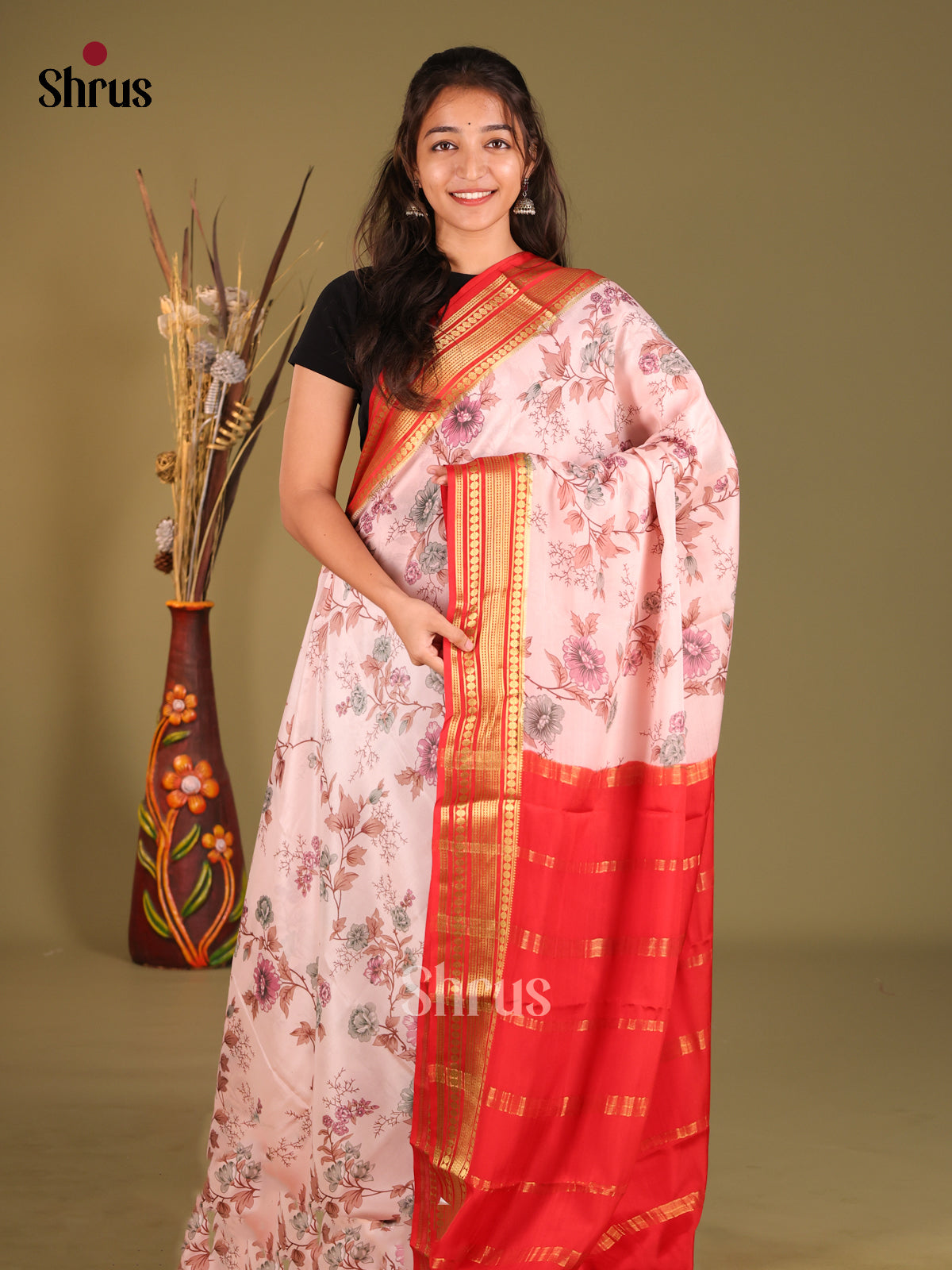 Breezy Soft Pink Printed Mysore Silk Saree With Red Zari Border