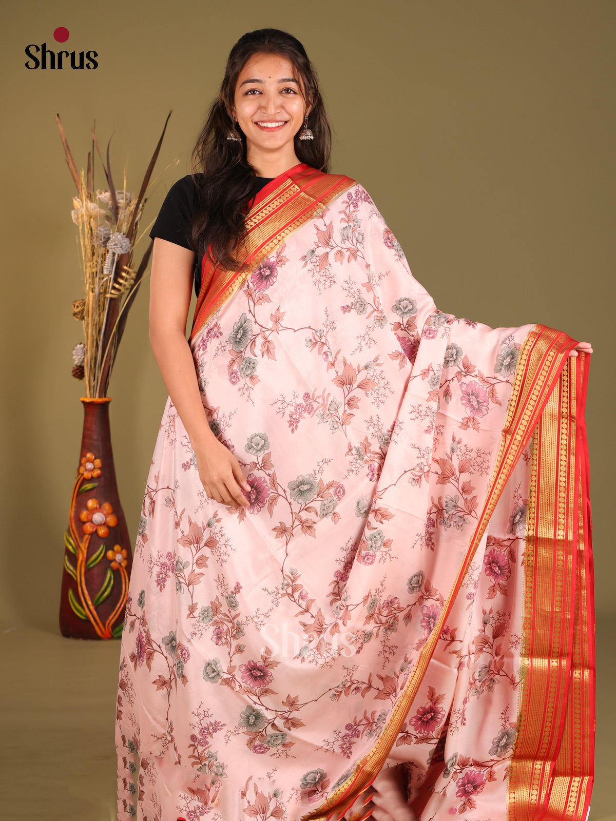 Breezy Soft Pink Printed Mysore Silk Saree With Red Zari Border