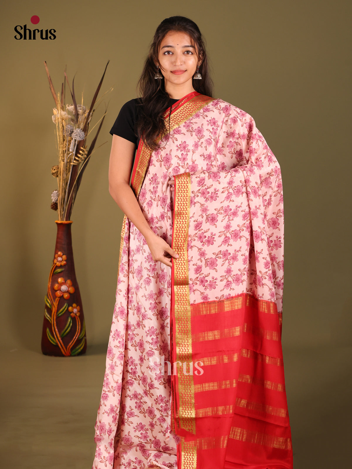 Opulent Light Pink Printed Mysore Silk Saree With Red Pallu