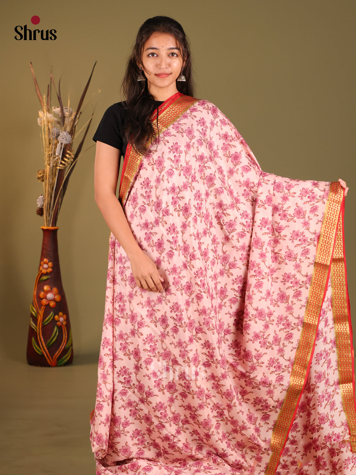 Opulent Light Pink Printed Mysore Silk Saree With Red Pallu