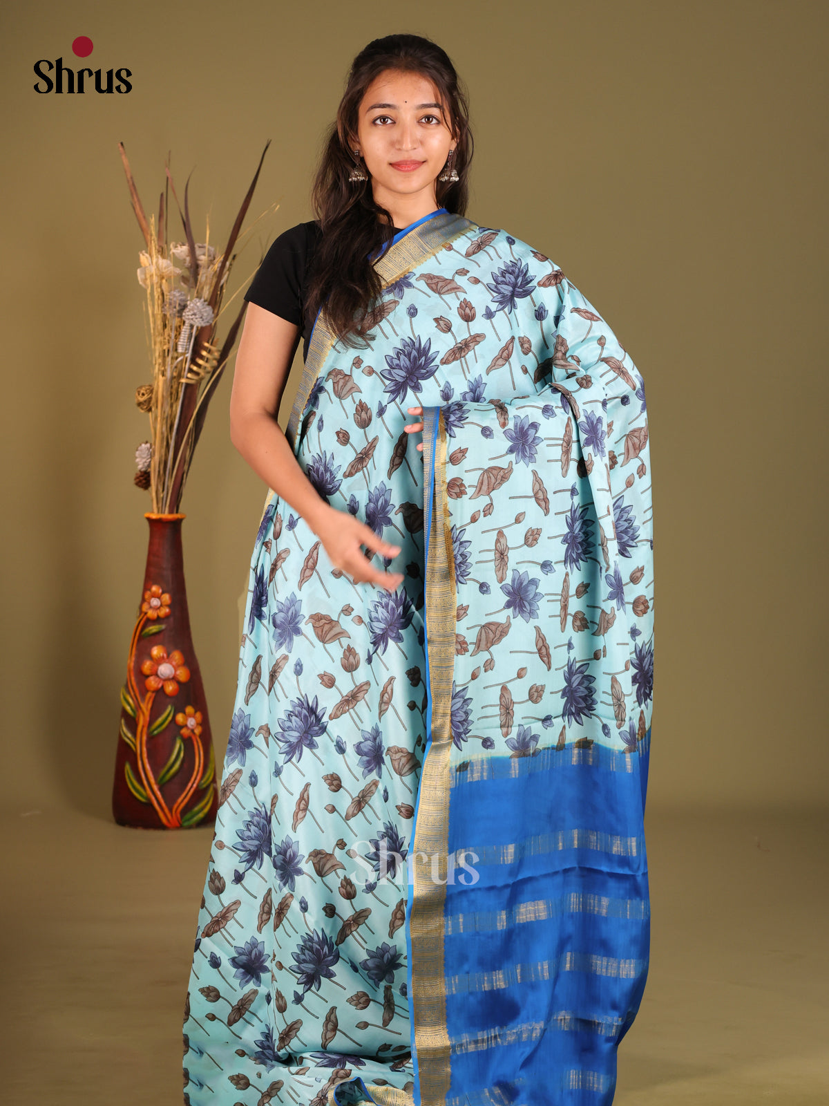 Light Blue Floral Printed Mysore Silk Saree With Blue Zari Border
