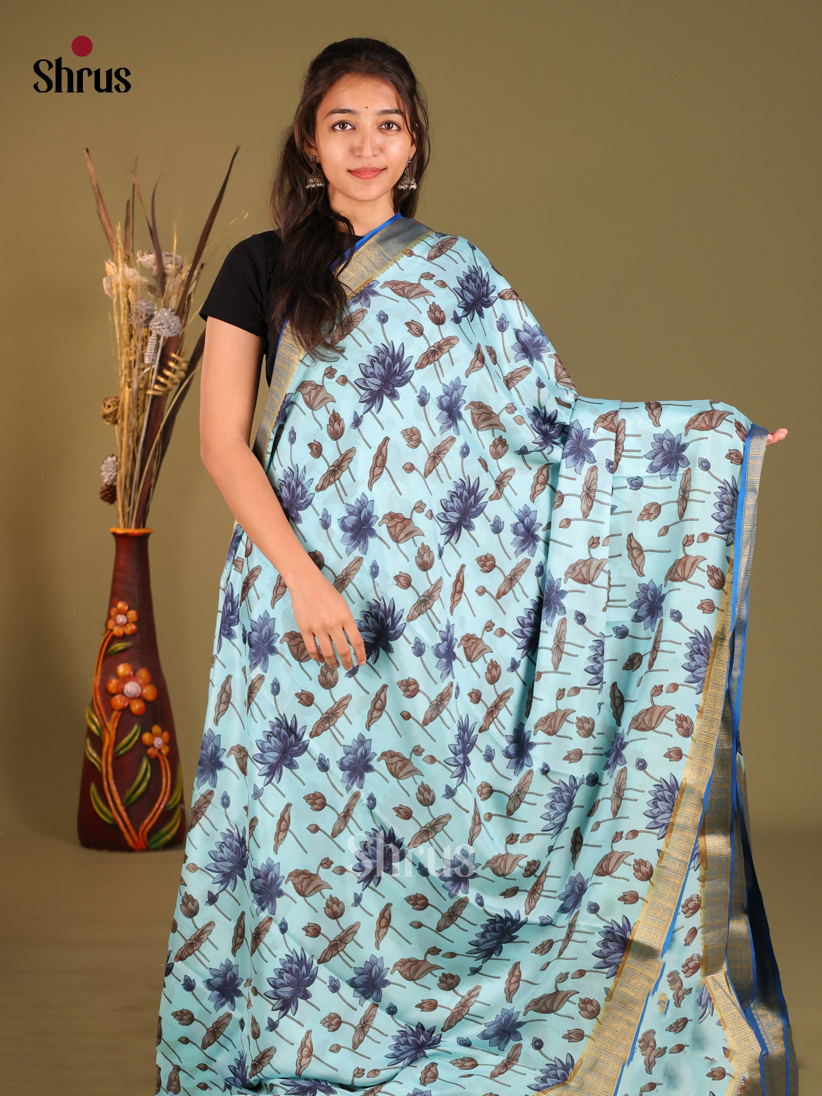 Light Blue Floral Printed Mysore Silk Saree With Blue Zari Border