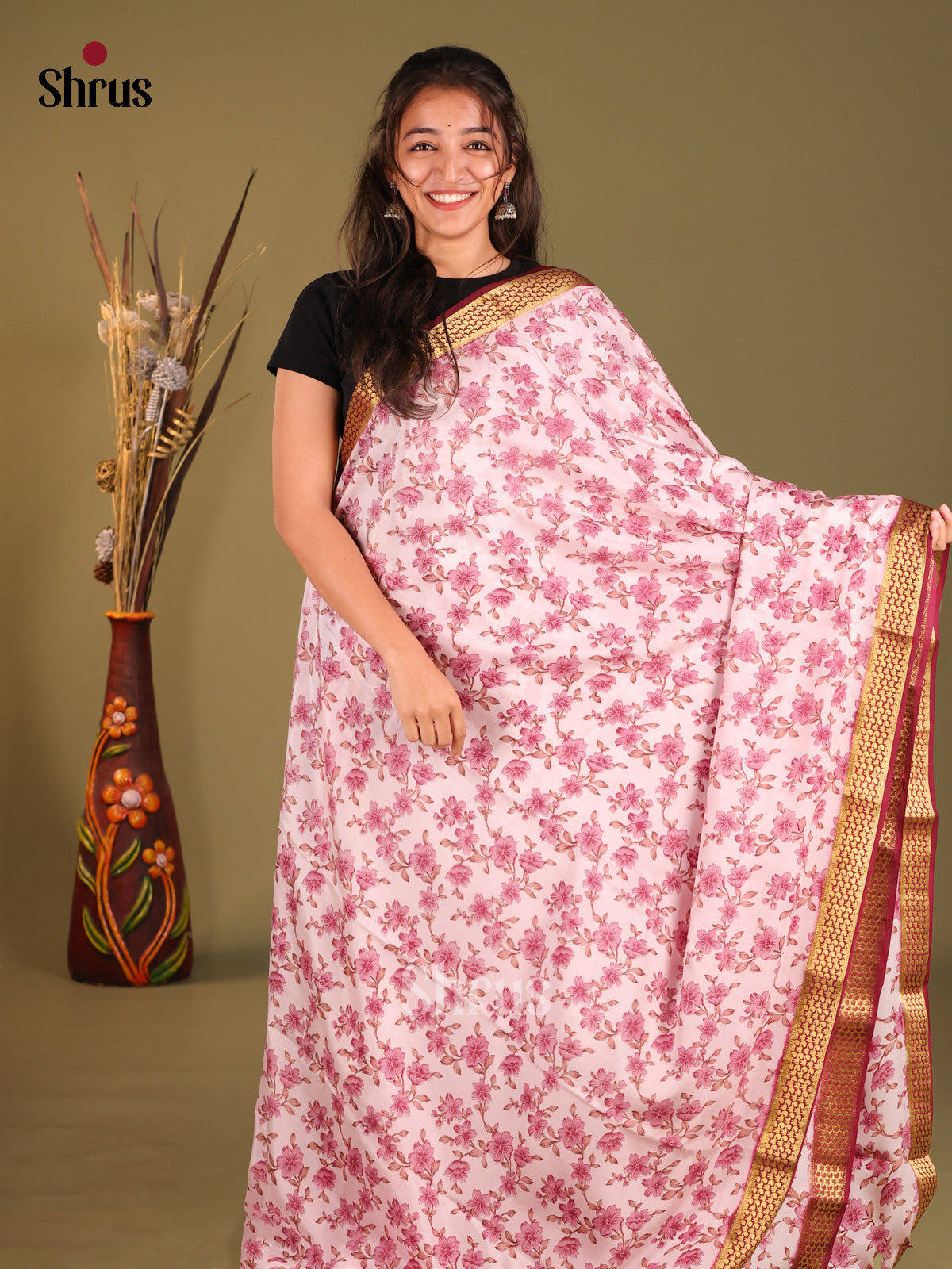 Pink & Maroon - Mysore Silk Print Saree