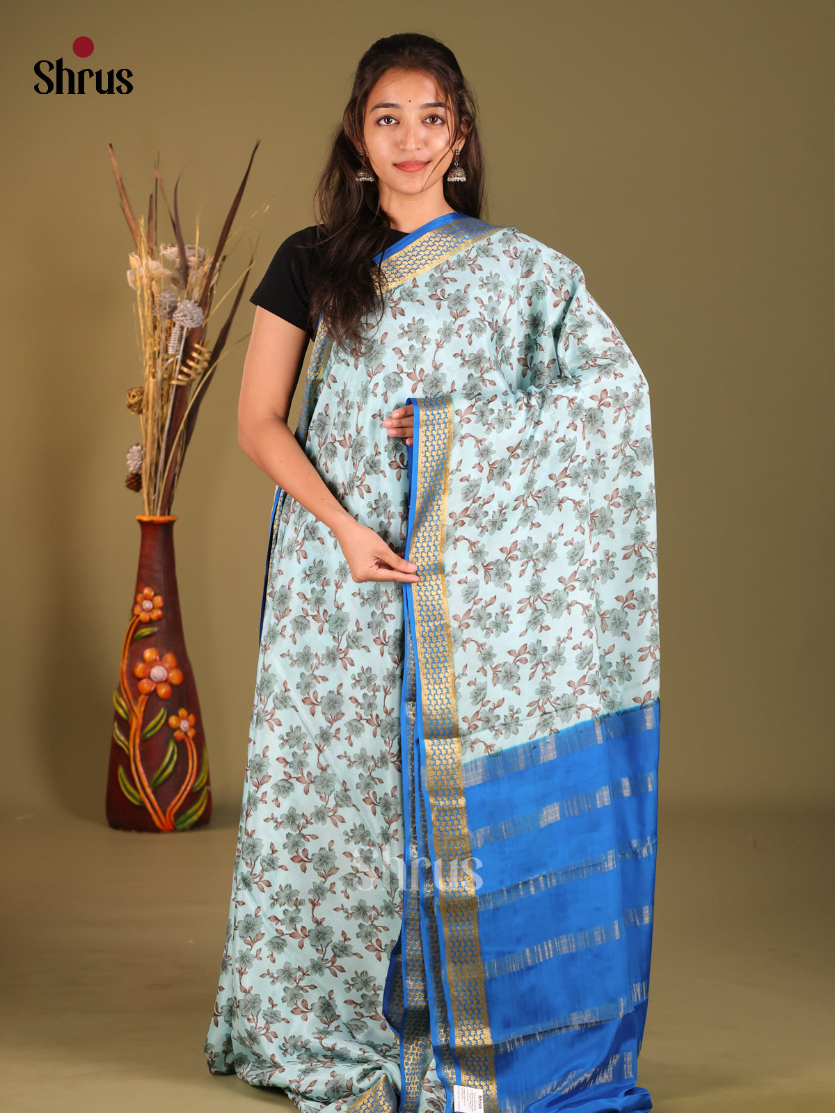Chic Light Blue Floral Printed Mysore Silk Saree with Blue Zari Border