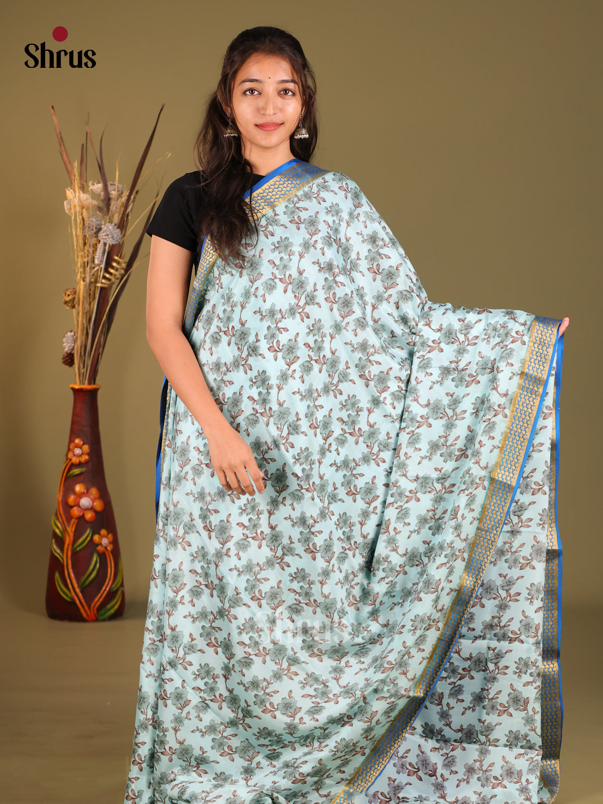 Chic Light Blue Floral Printed Mysore Silk Saree with Blue Zari Border