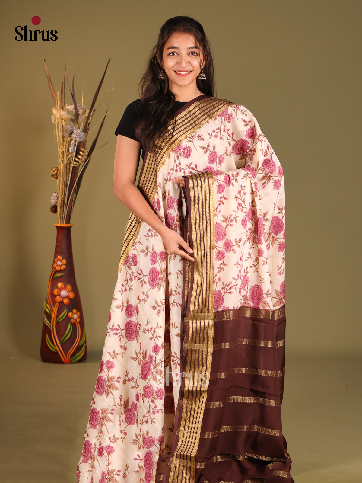 Beautiful Cream Printed Mysore Silk Saree With Brown Zari Border