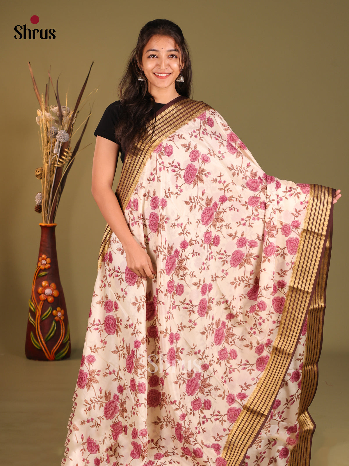 Beautiful Cream Printed Mysore Silk Saree With Brown Zari Border