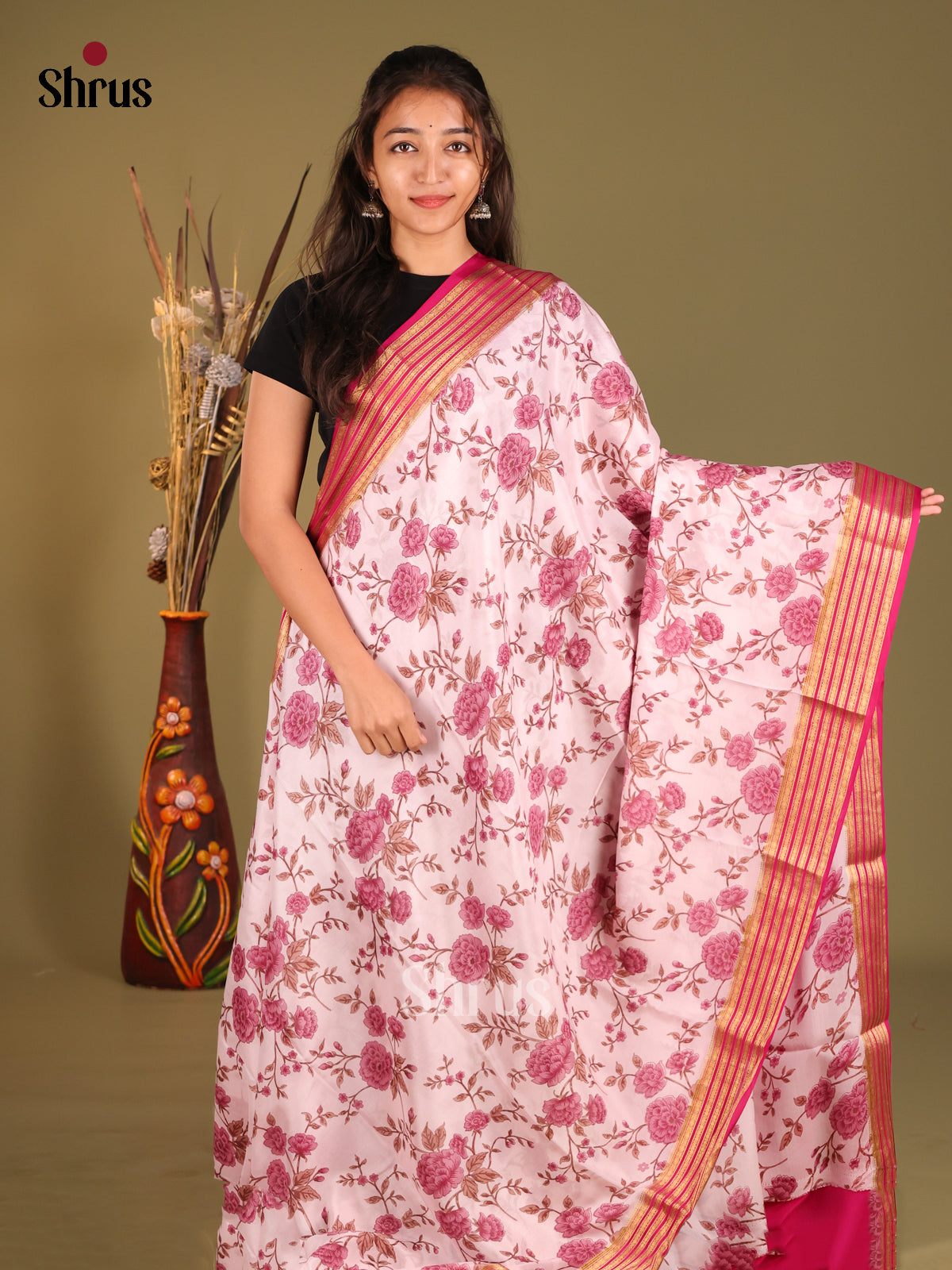 Sheeny Mild Pink Printed Mysore Silk Saree With Pink Zari Woven Stripes Border