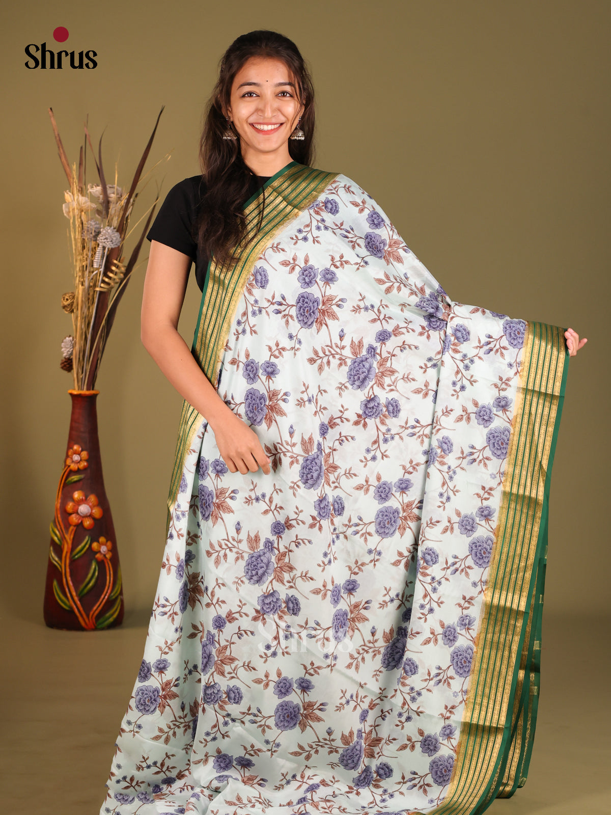 Chic Light Grey Printed Mysore Silk Saree With Green Zari Stripes Border