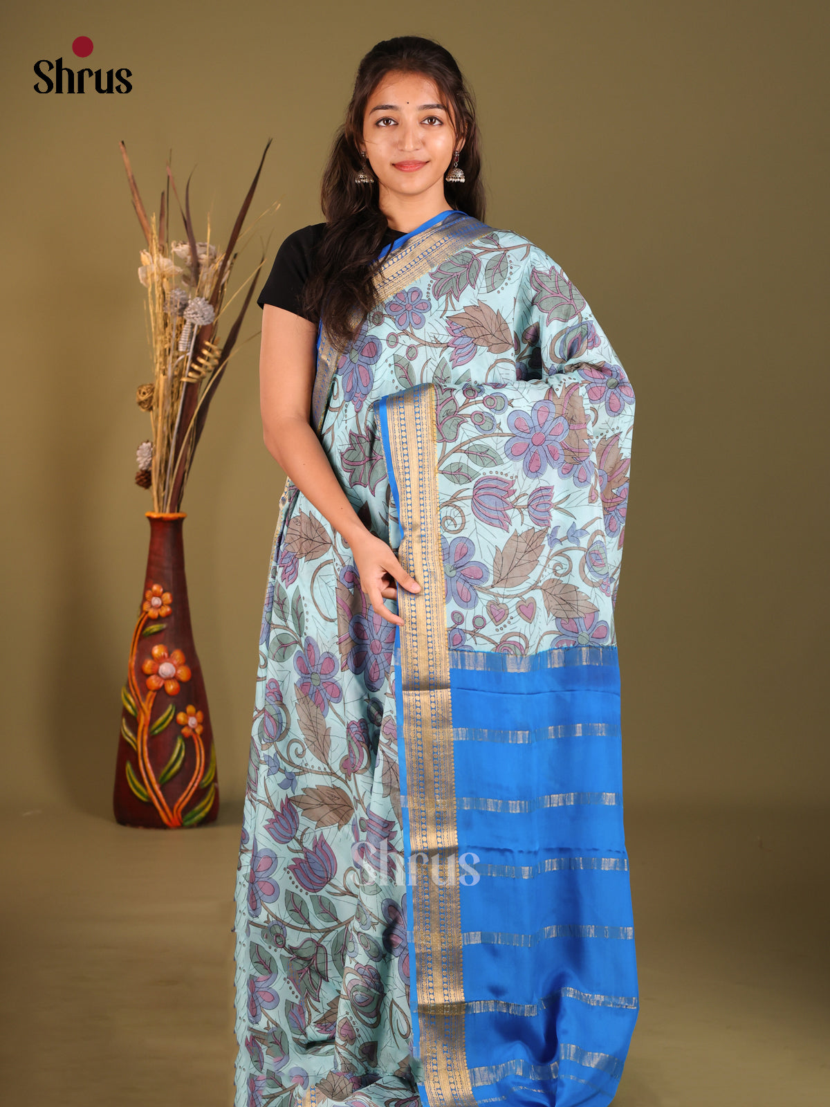 Graceful Light Blue Printed Mysore Silk Saree With Blue Zari Pallu
