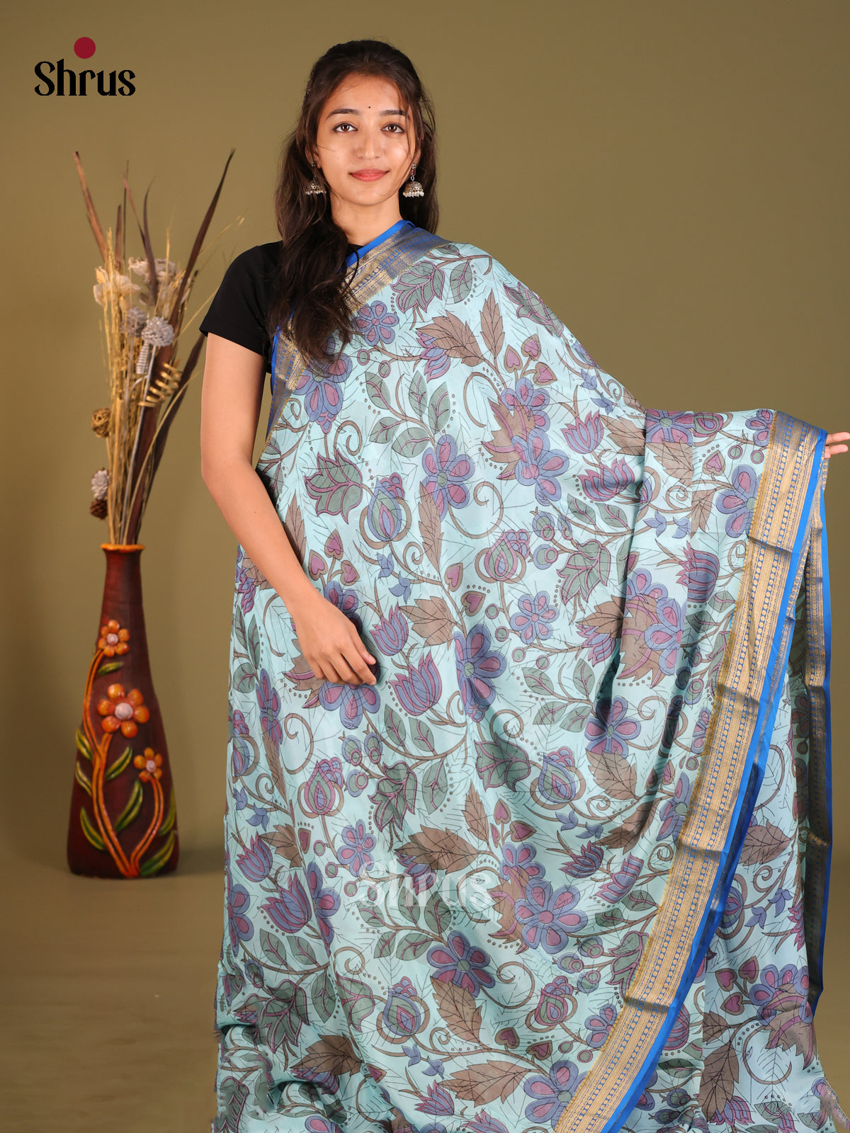 Graceful Light Blue Printed Mysore Silk Saree With Blue Zari Pallu