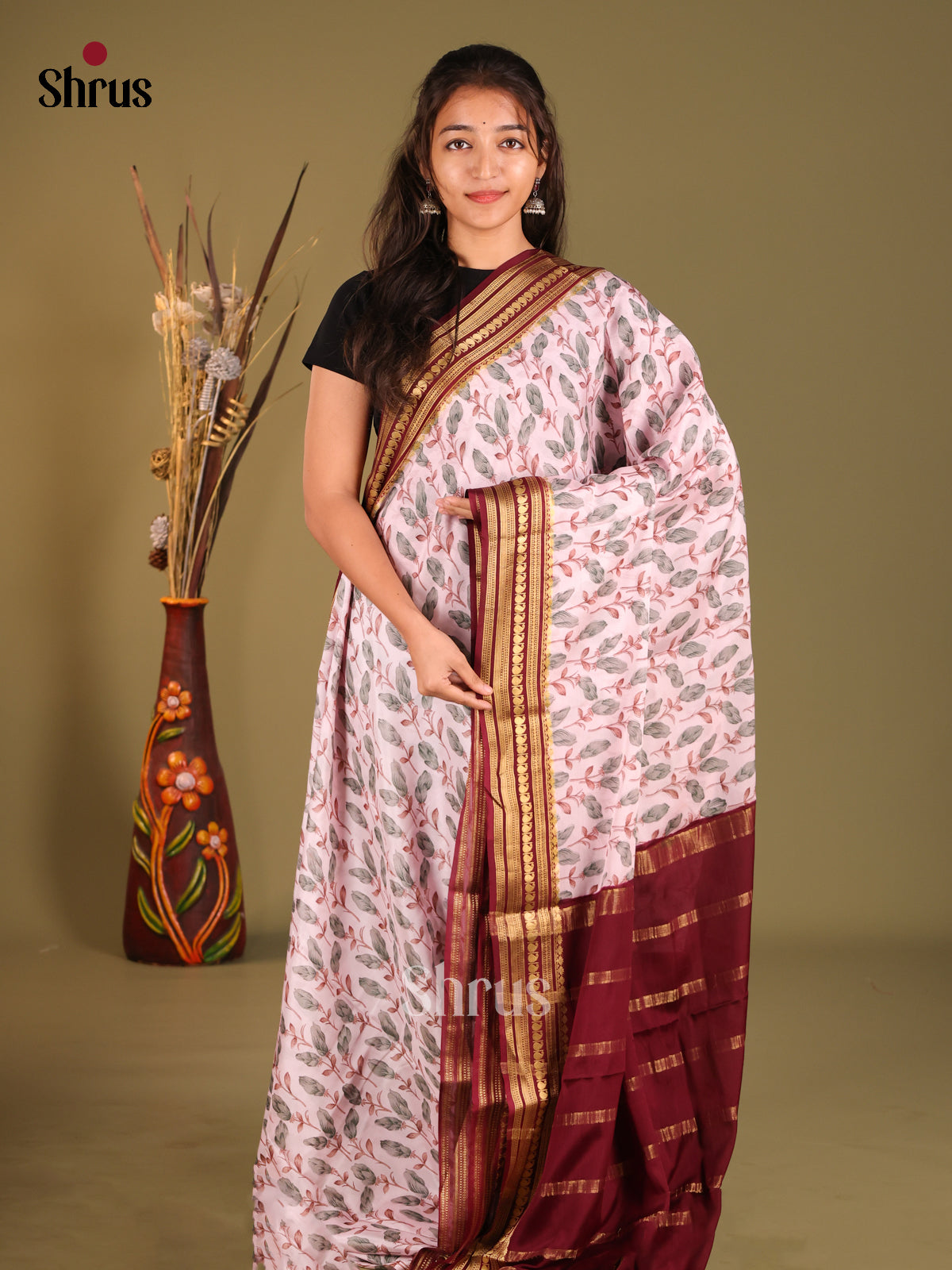 Pink & Maroon - Mysore Silk Print Saree