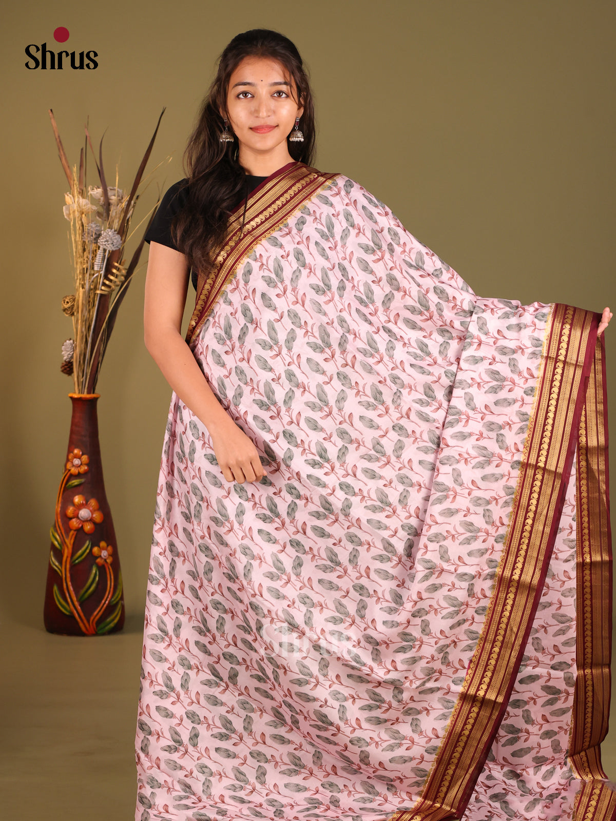 Pink & Maroon - Mysore Silk Print Saree