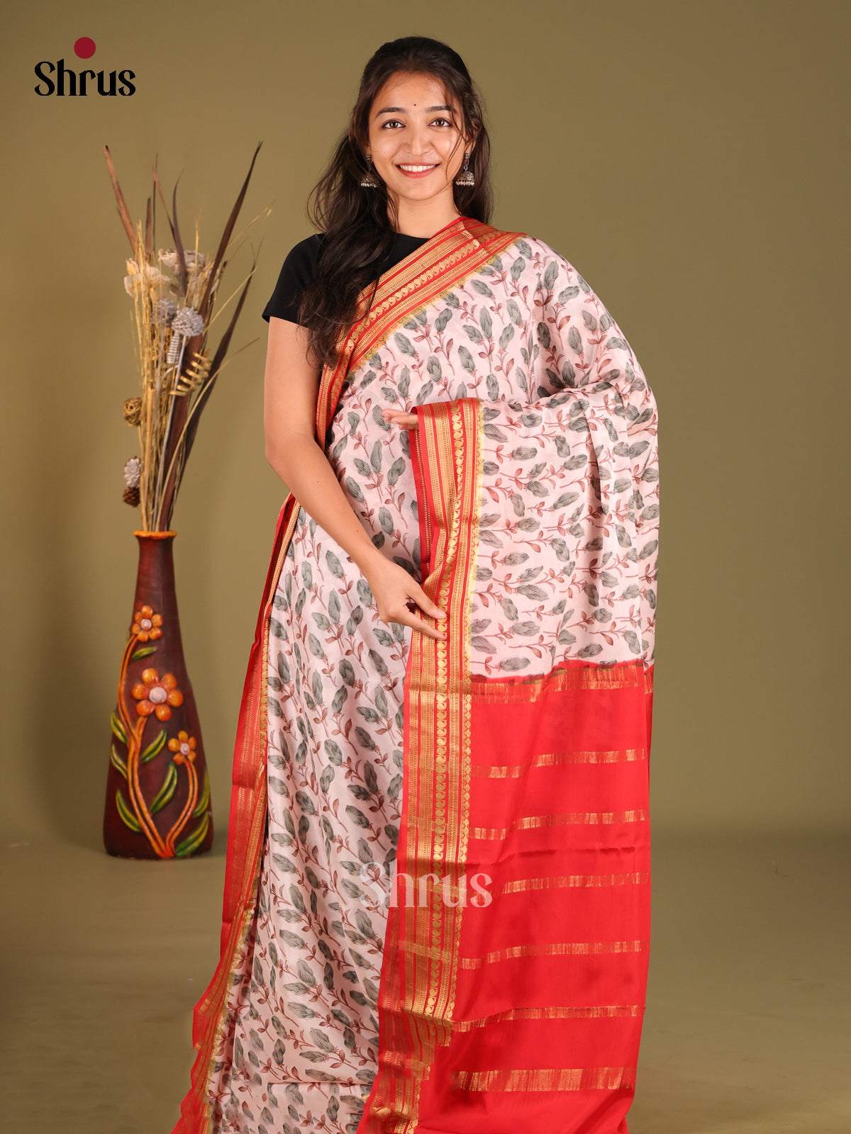 Lustrous Light Pink Printed Mysore Silk Saree With Zari Woven Red Border