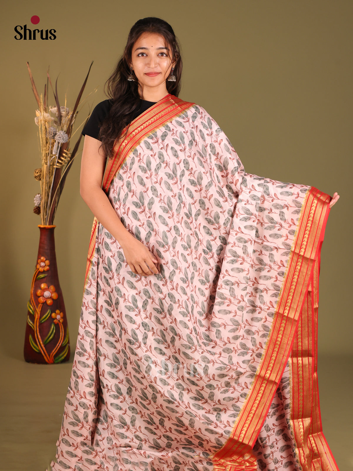 Lustrous Light Pink Printed Mysore Silk Saree With Zari Woven Red Border