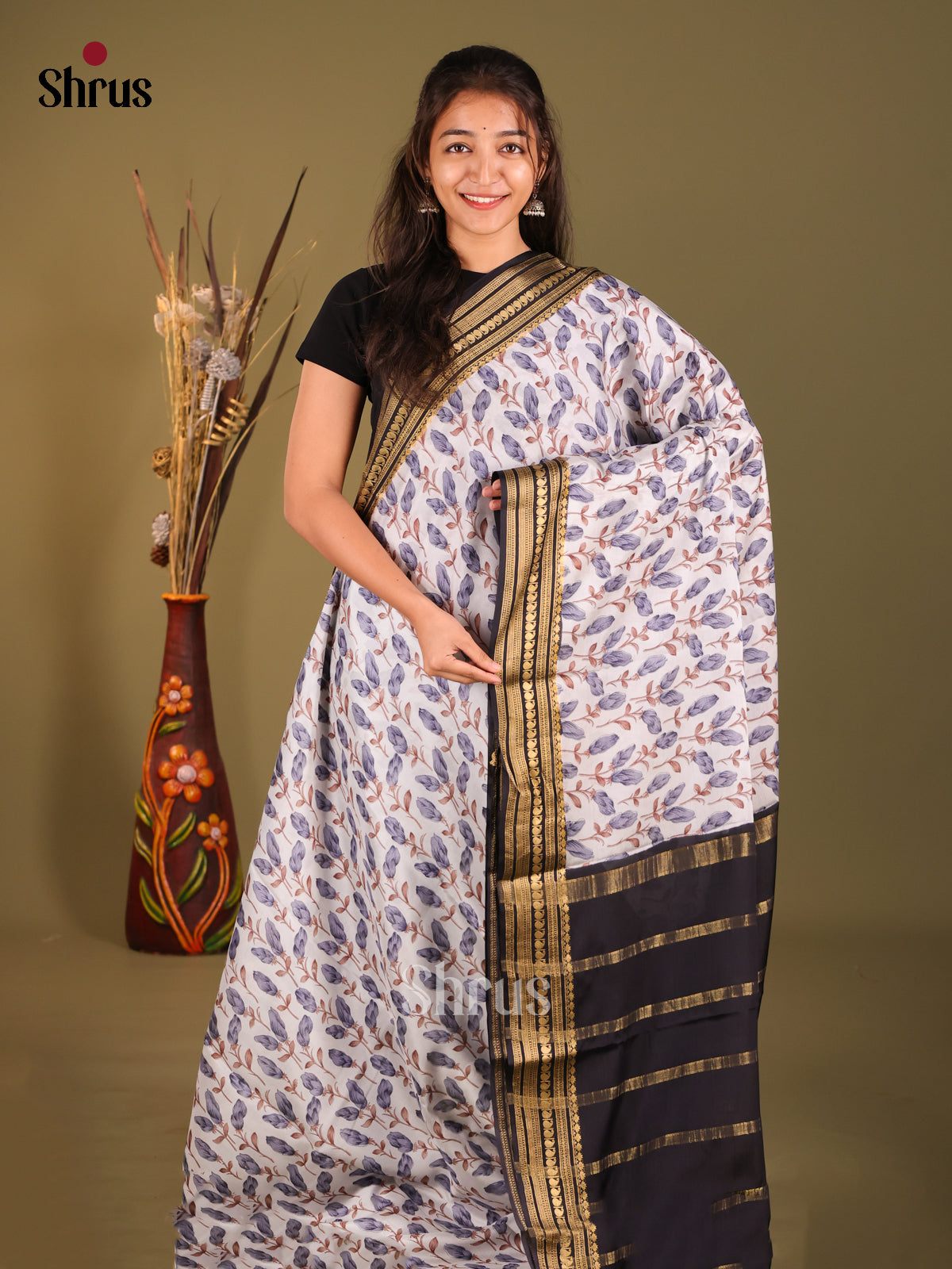 Elegant Off White Printed Mysore Silk Saree With Navy Blue Border