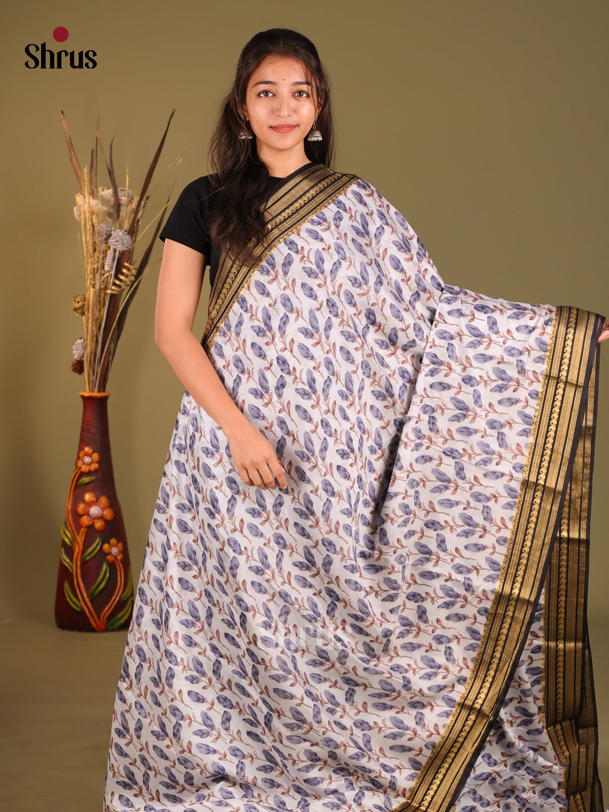 Elegant Off White Printed Mysore Silk Saree With Navy Blue Border