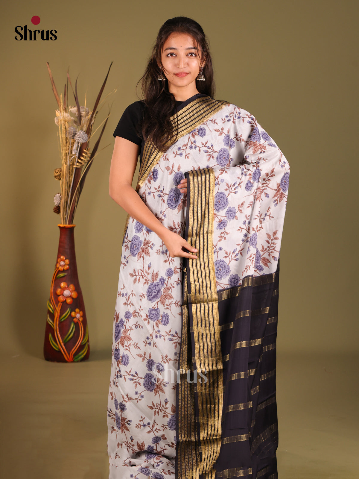 Striking soft Grey Printed Mysore Crepe Silk Saree With Black Zari Border