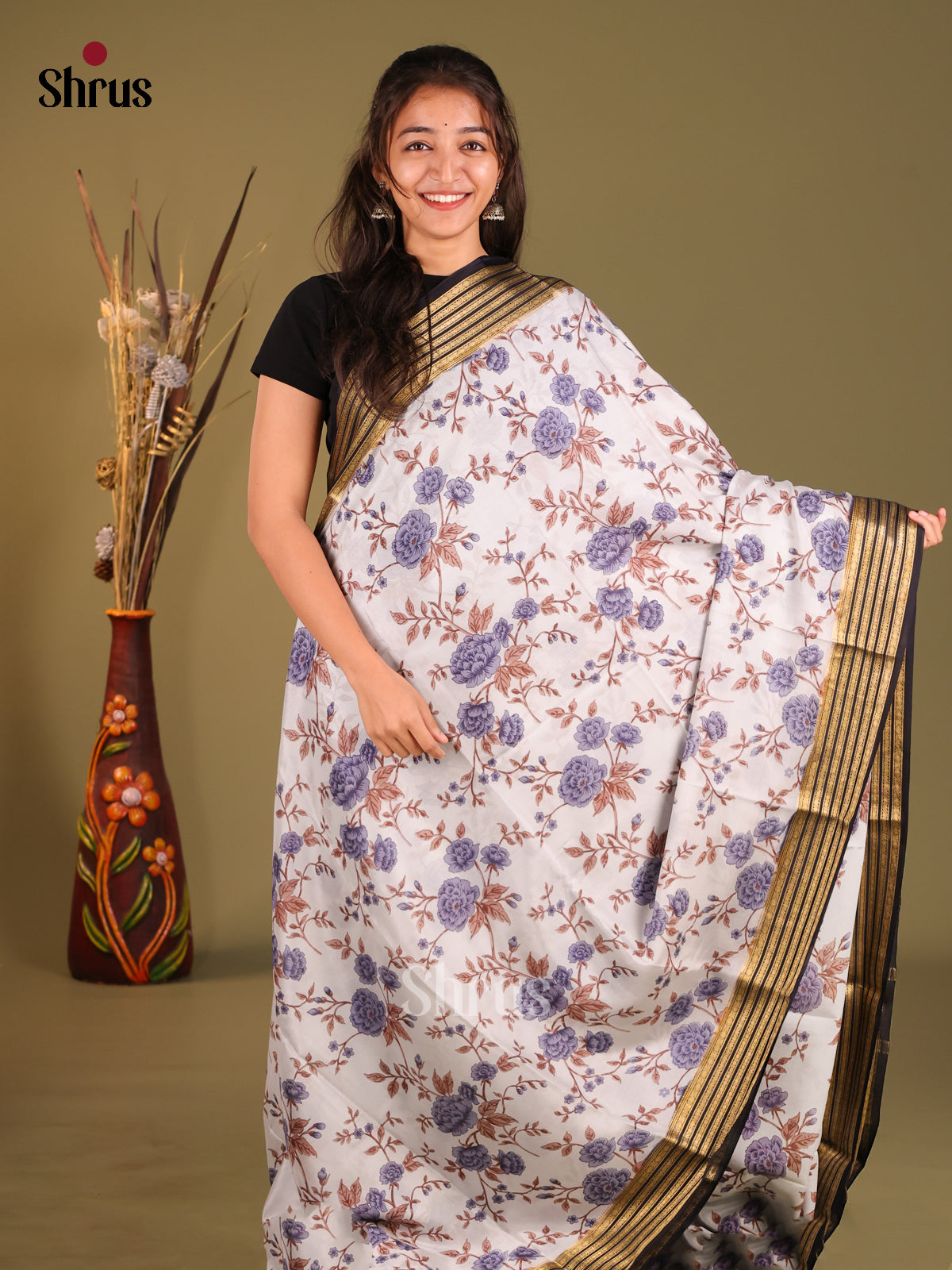 Striking soft Grey Printed Mysore Crepe Silk Saree With Black Zari Border