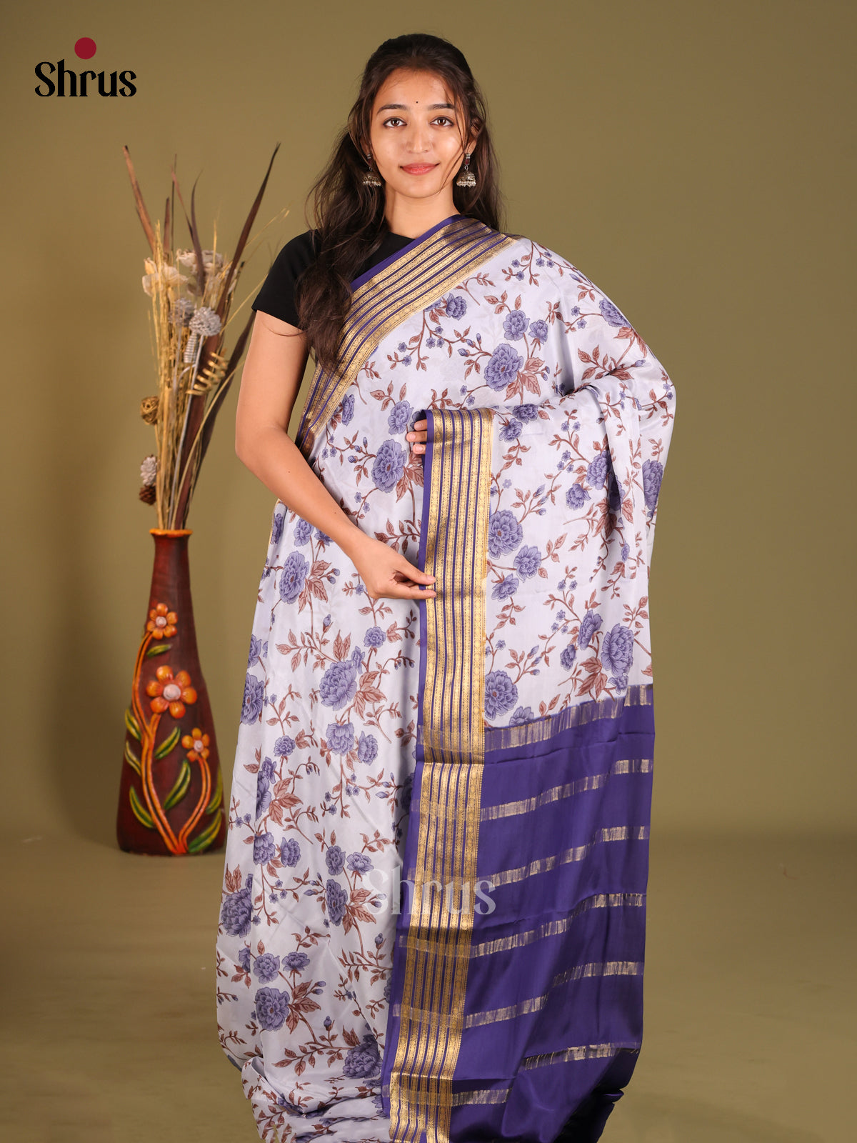 Grey & Blue - Mysore Silk Print Saree - Shop on Shrus.com