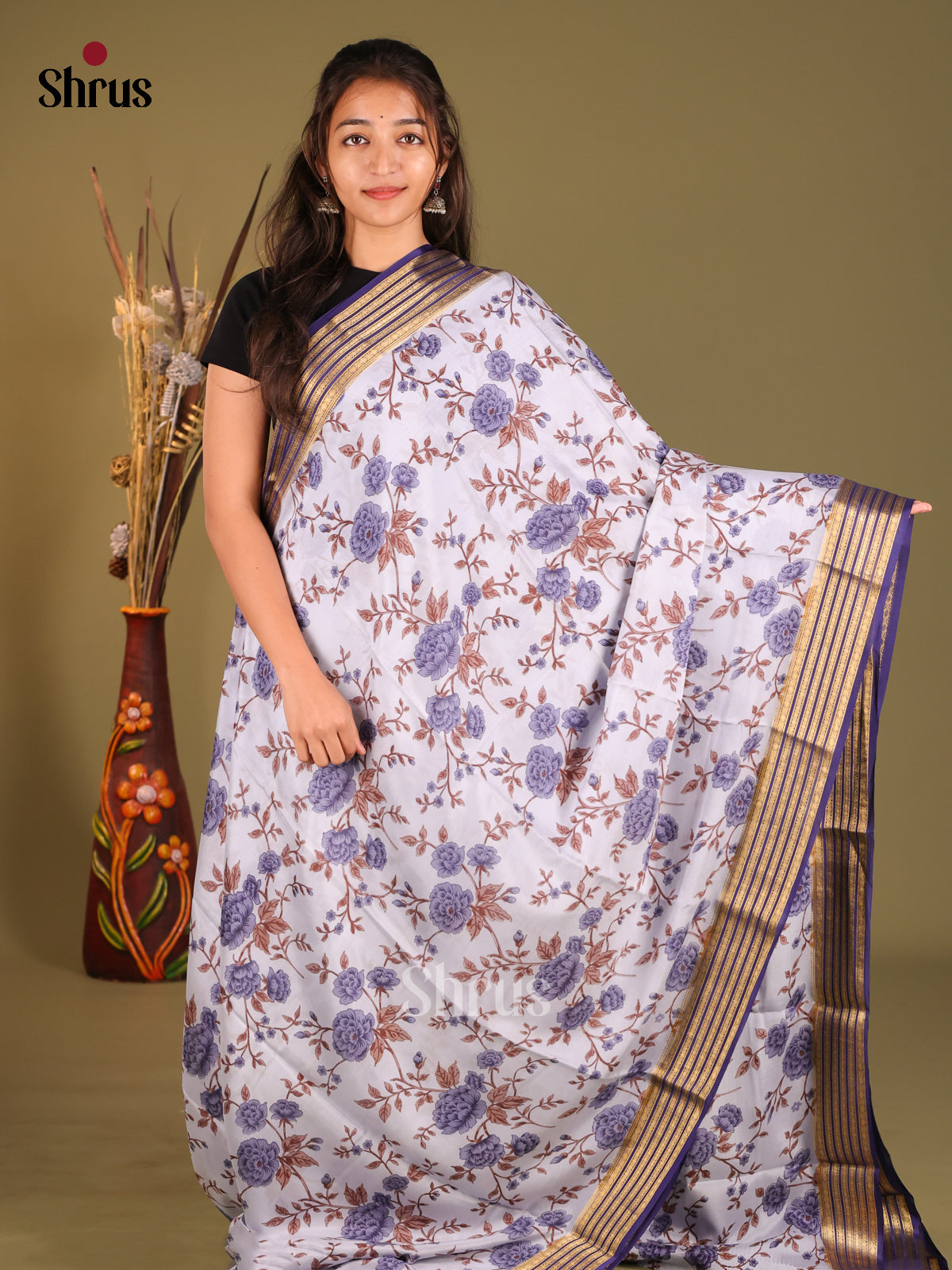 Grey & Blue - Mysore Silk Print Saree - Shop on Shrus.com