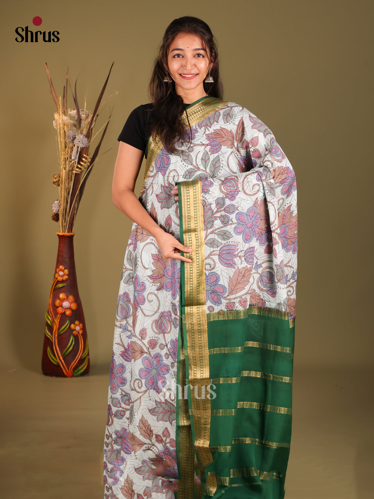 Classic Light Grey Printed Mysore Silk Crepe Saree With Green Zari Border