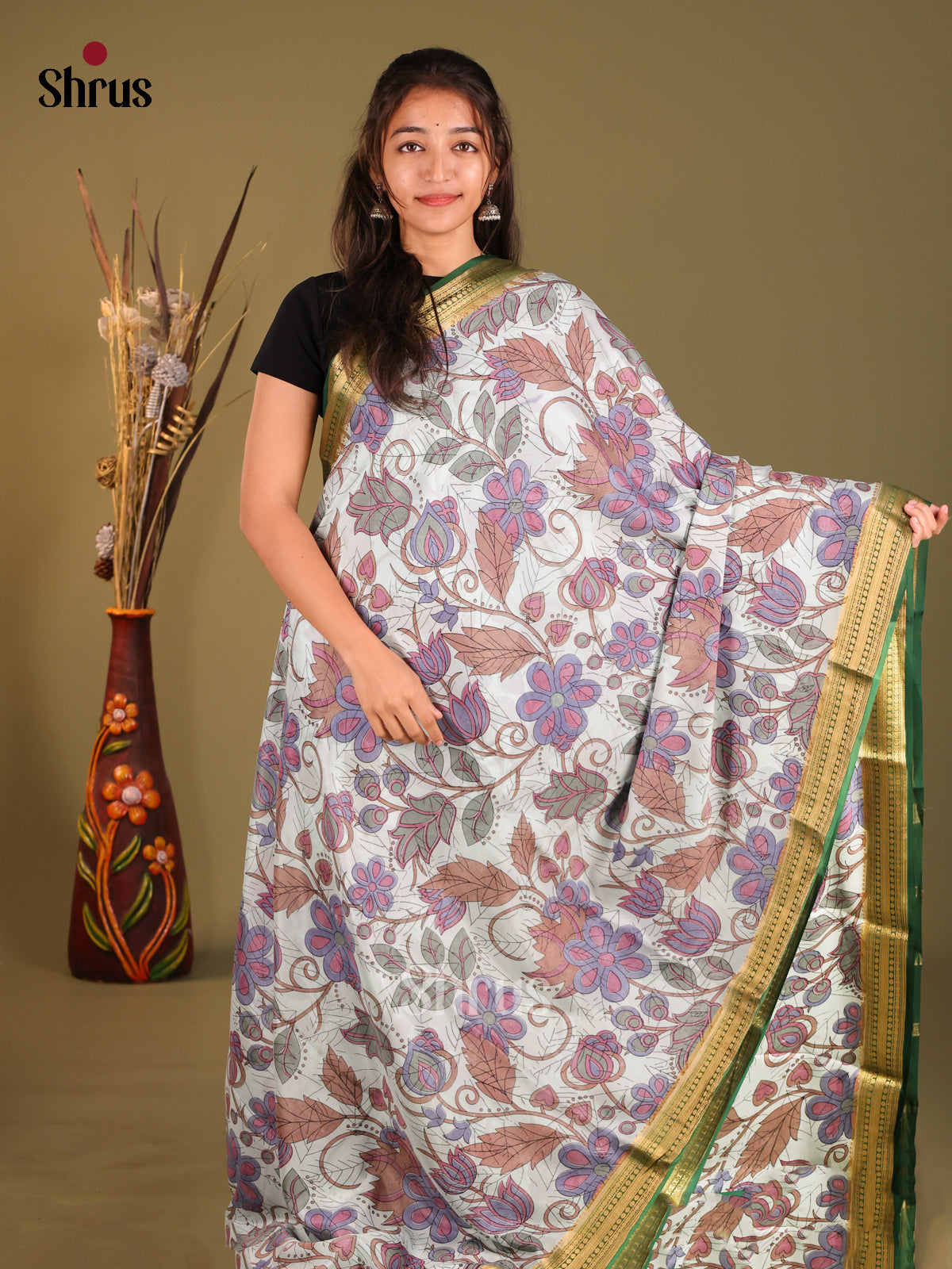 Classic Light Grey Printed Mysore Silk Crepe Saree With Green Zari Border