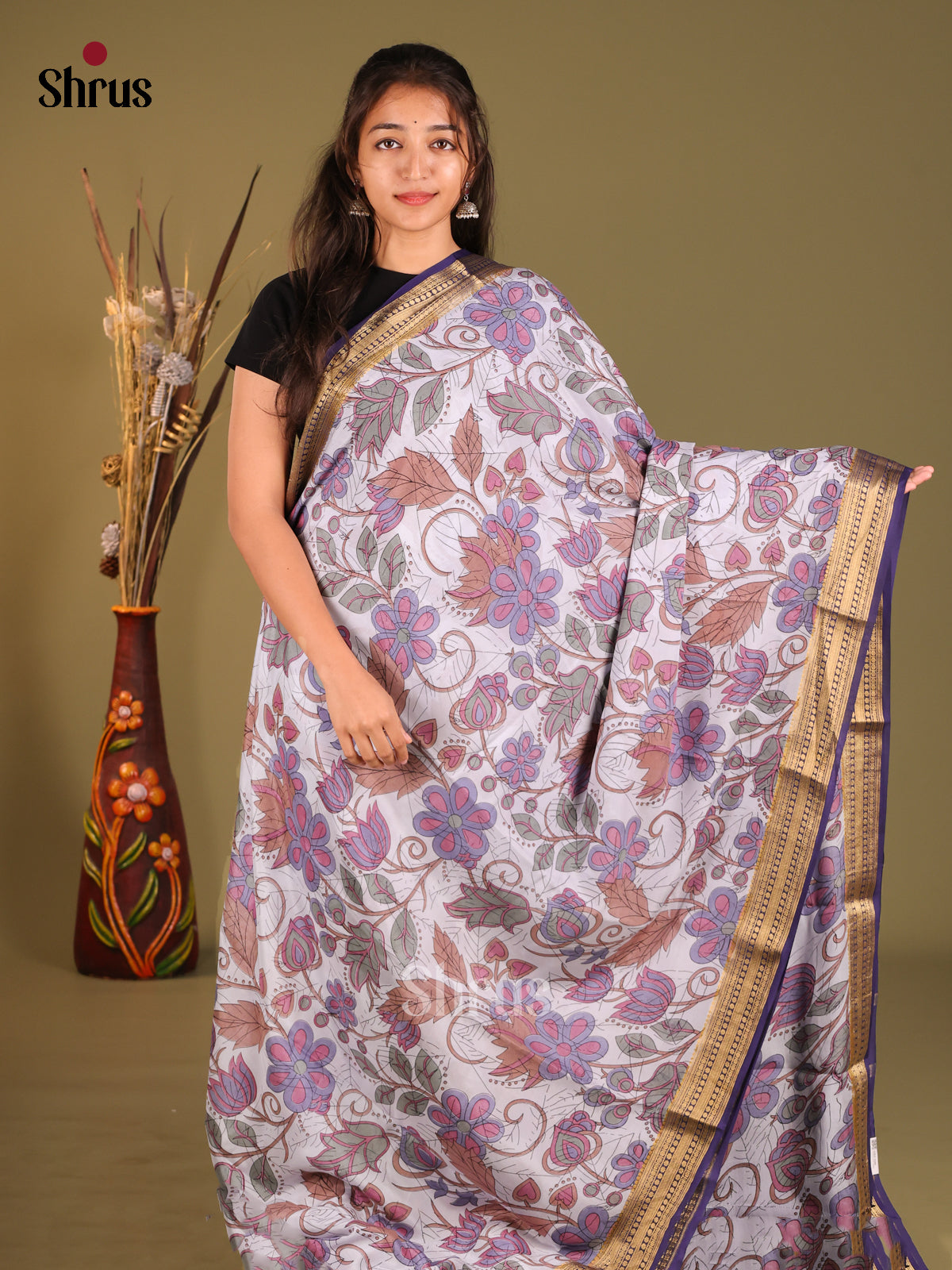 Beautiful Light Navy Printed Mysore Silk Saree With Navy Blue Zari Border