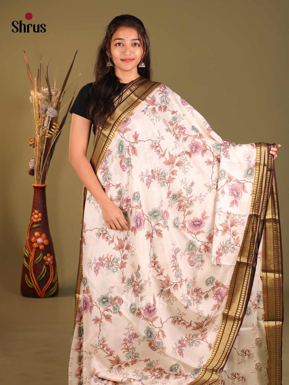 Cream & Brown - Mysore Silk Print Saree