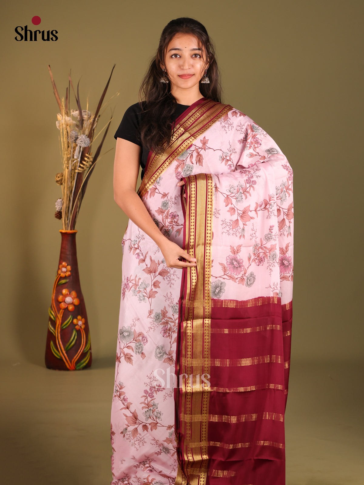 Graceful Light Pink Printed Mysore Silk Saree With Maroon Zari Woven Pallu