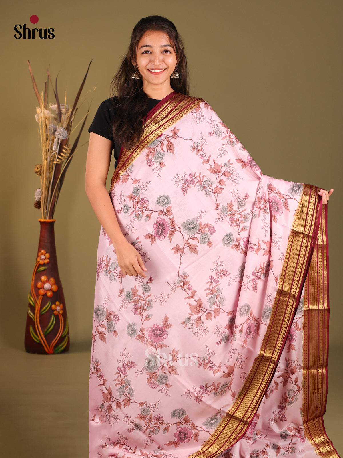 Graceful Light Pink Printed Mysore Silk Saree With Maroon Zari Woven Pallu