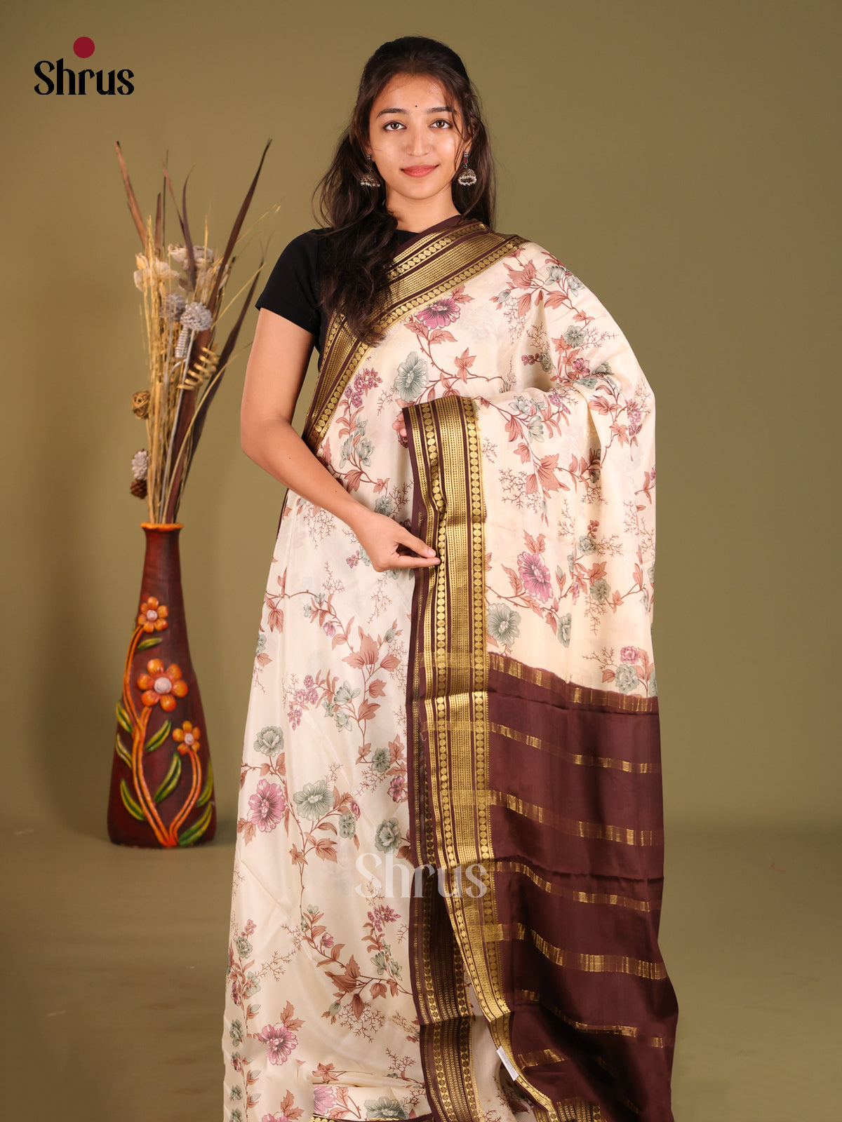 Classy Cream Printed Mysore Silk Saree With Brown Rettaipet Zari Border