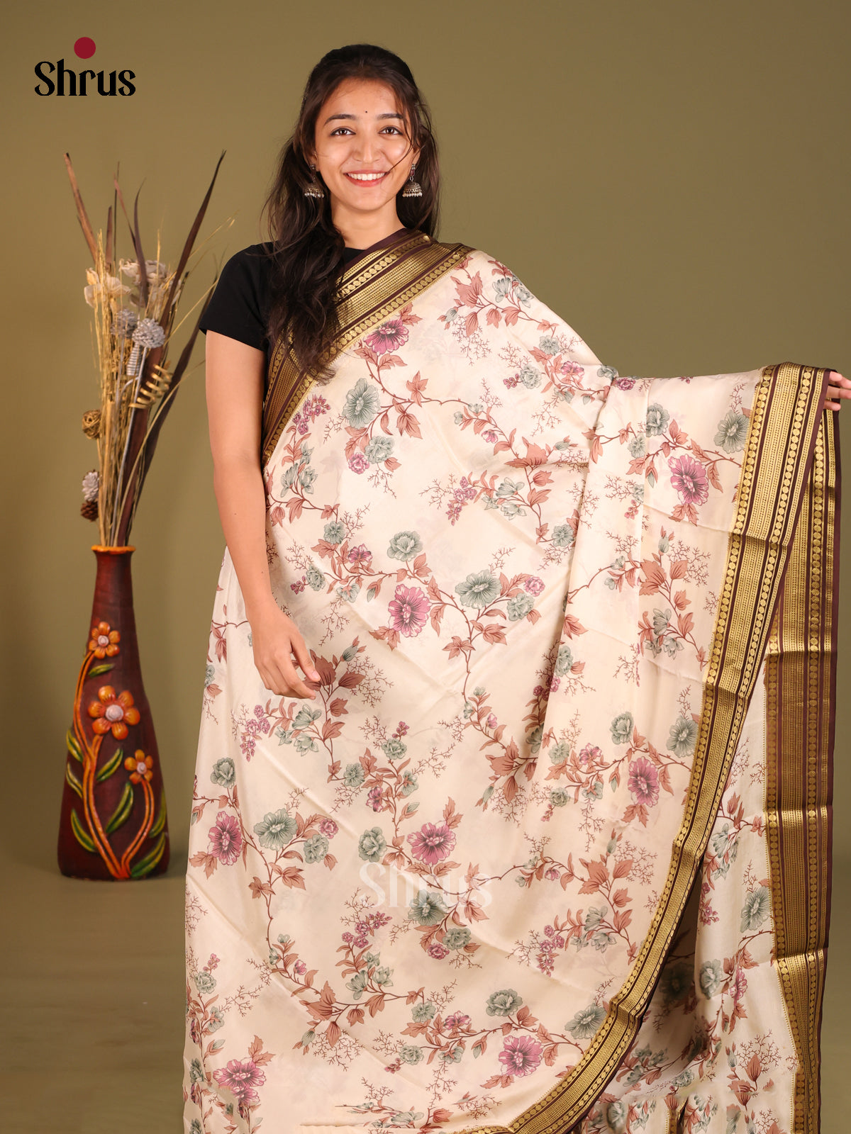 Classy Cream Printed Mysore Silk Saree With Brown Rettaipet Zari Border